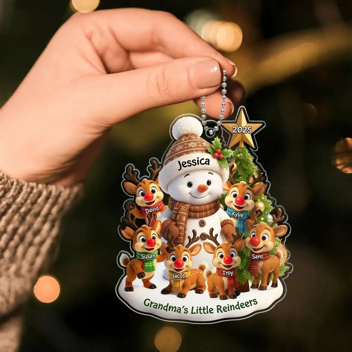 Grandma’s Little Reindeers Christmas Ornament – Personalized Acrylic Snowman Gift with Grandkids' Names and Year Ezcustomize