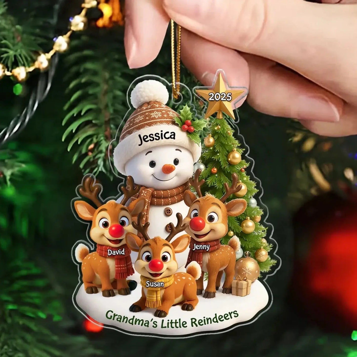 Grandma’s Little Reindeers Christmas Ornament – Personalized Acrylic Snowman Gift with Grandkids' Names and Year Ezcustomize