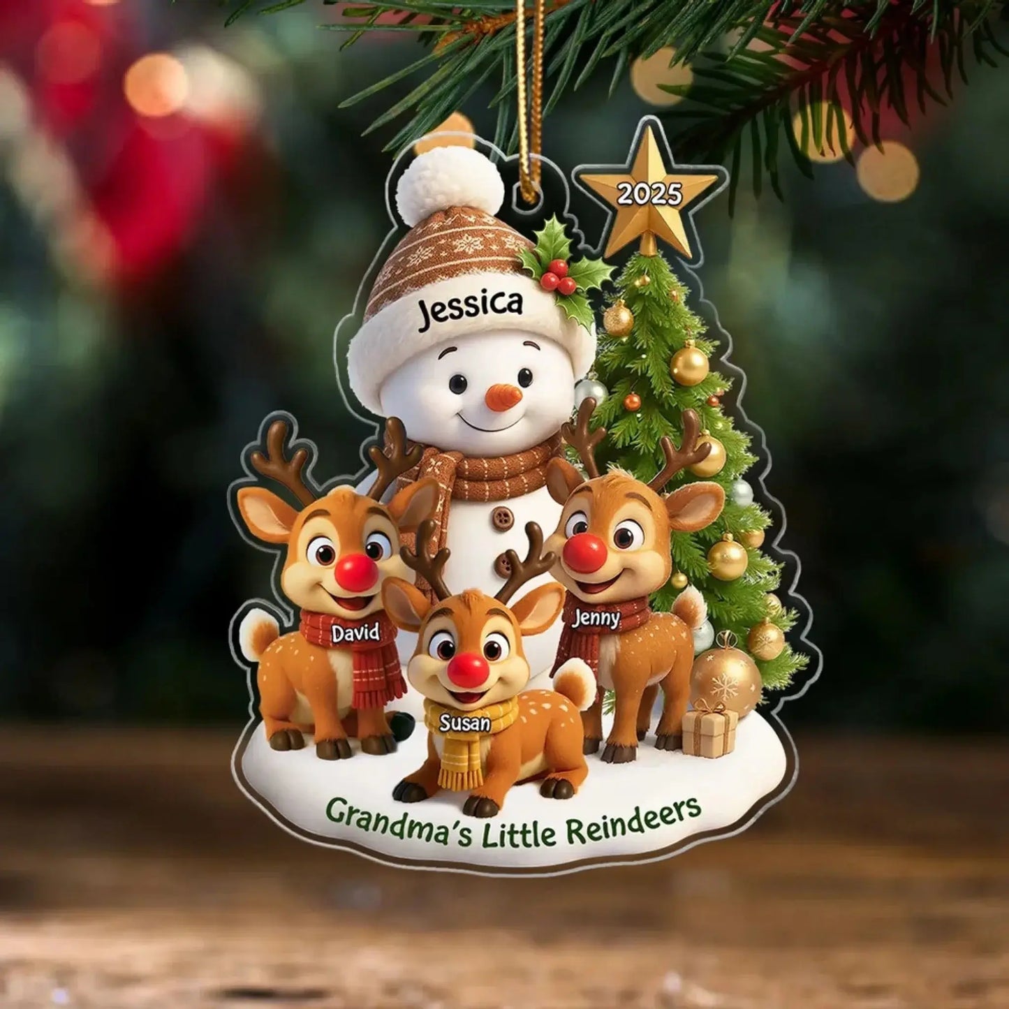 Grandma’s Little Reindeers Christmas Ornament – Personalized Acrylic Snowman Gift with Grandkids' Names and Year Ezcustomize