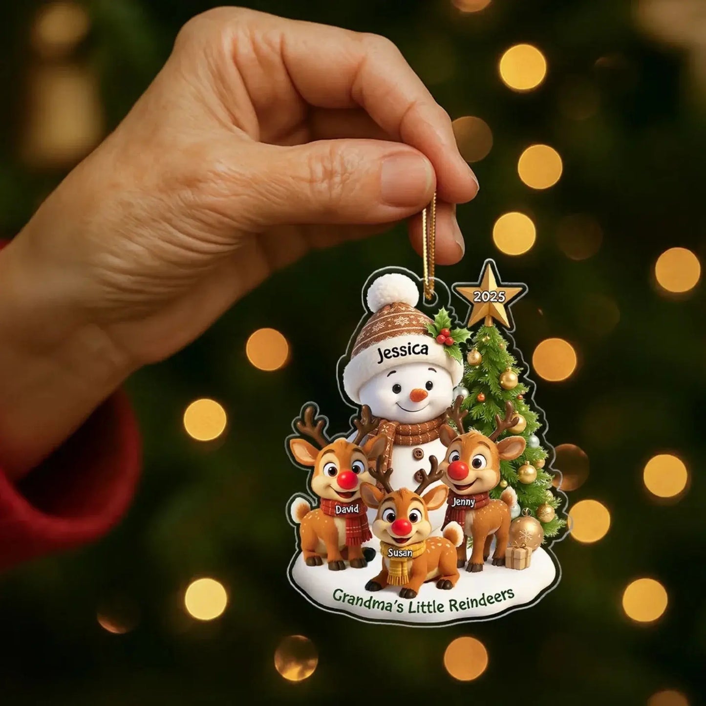 Grandma’s Little Reindeers Christmas Ornament – Personalized Acrylic Snowman Gift with Grandkids' Names and Year Ezcustomize