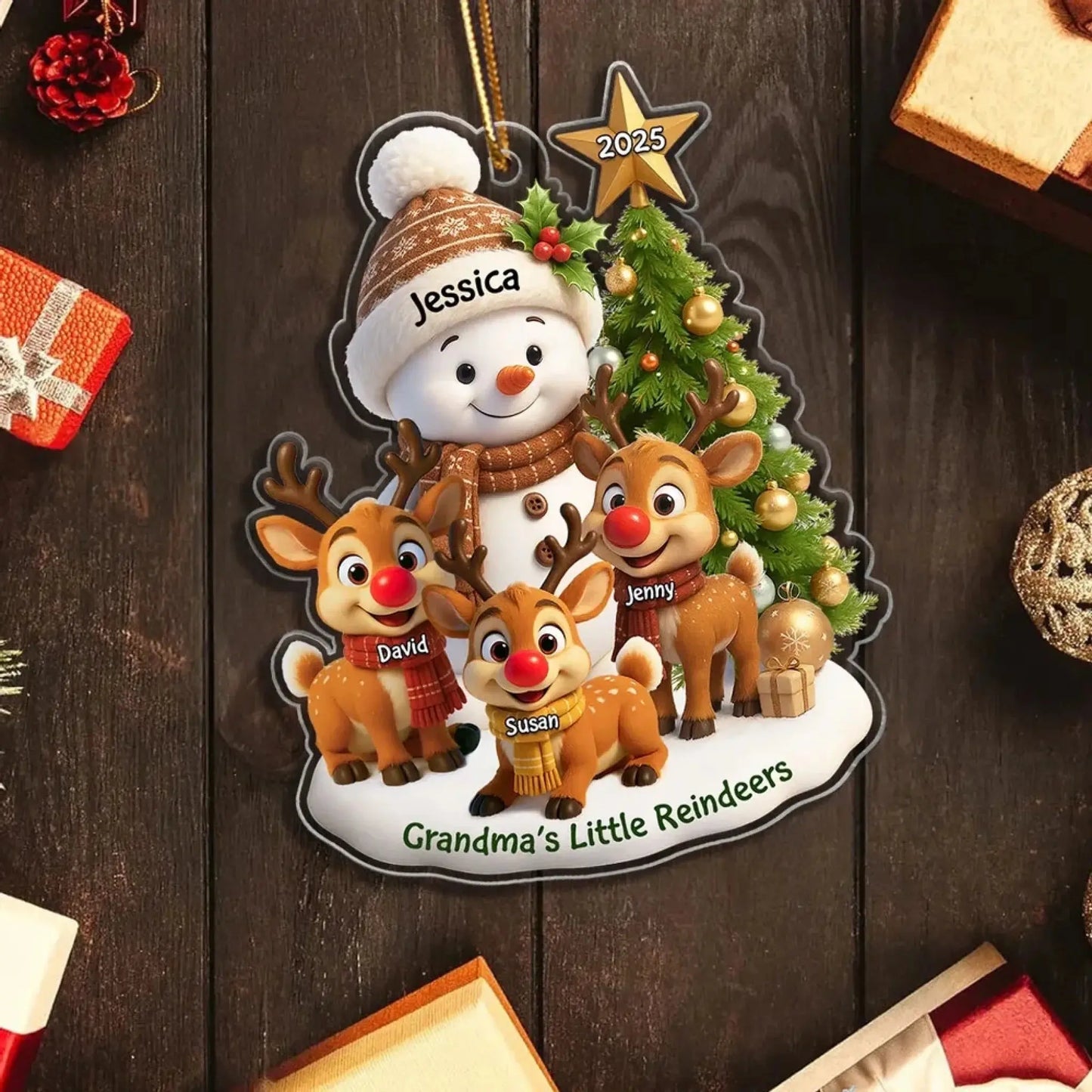 Grandma’s Little Reindeers Christmas Ornament – Personalized Acrylic Snowman Gift with Grandkids' Names and Year Ezcustomize