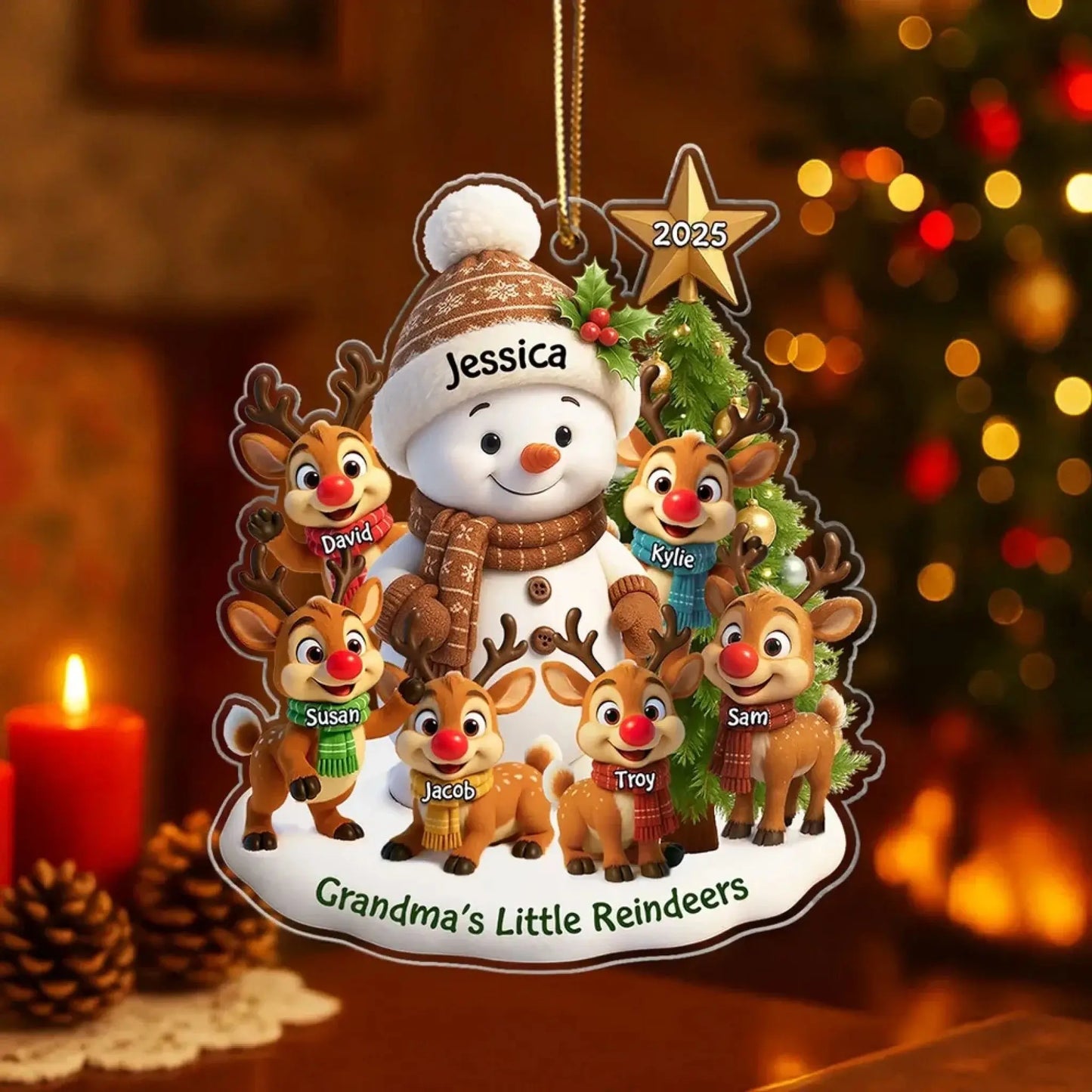 Grandma’s Little Reindeers Christmas Ornament – Personalized Acrylic Snowman Gift with Grandkids' Names and Year Ezcustomize
