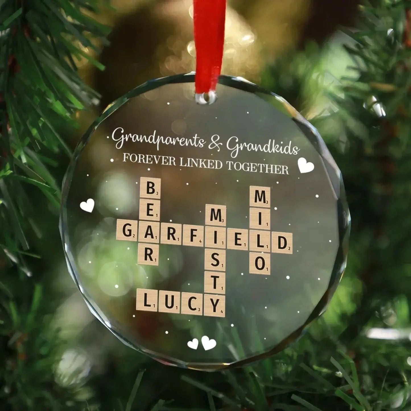 Grandpa, Grandma & Grandkids Forever Linked – Personalized Crossword Puzzle Glass Ornament – Meaningful Christmas Gift for Grandparents Ezcustomize
