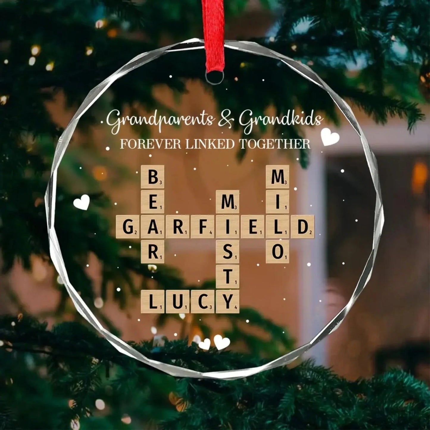Grandpa, Grandma & Grandkids Forever Linked – Personalized Crossword Puzzle Glass Ornament – Meaningful Christmas Gift for Grandparents Ezcustomize