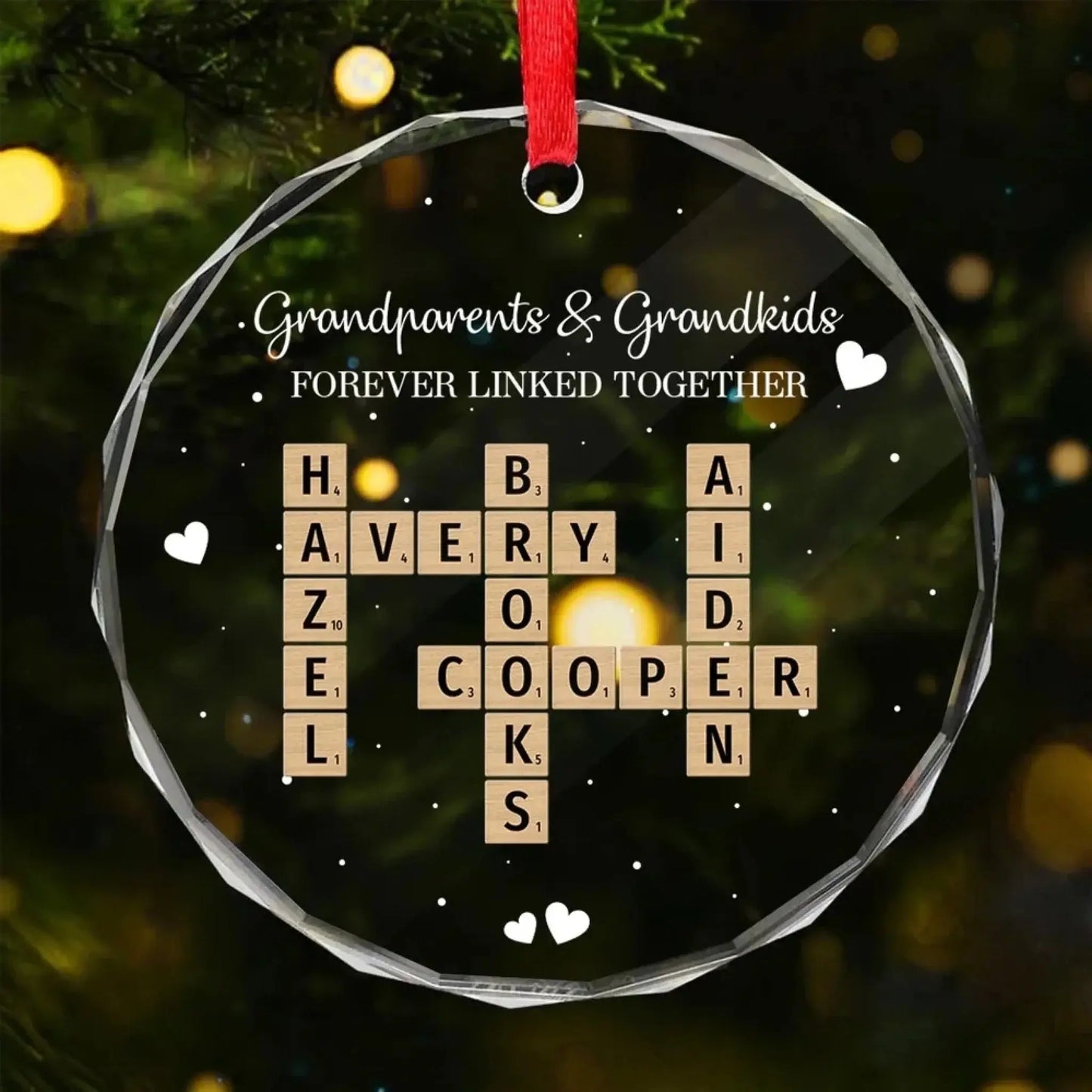 Grandpa, Grandma & Grandkids Forever Linked – Personalized Crossword Puzzle Glass Ornament – Meaningful Christmas Gift for Grandparents Ezcustomize