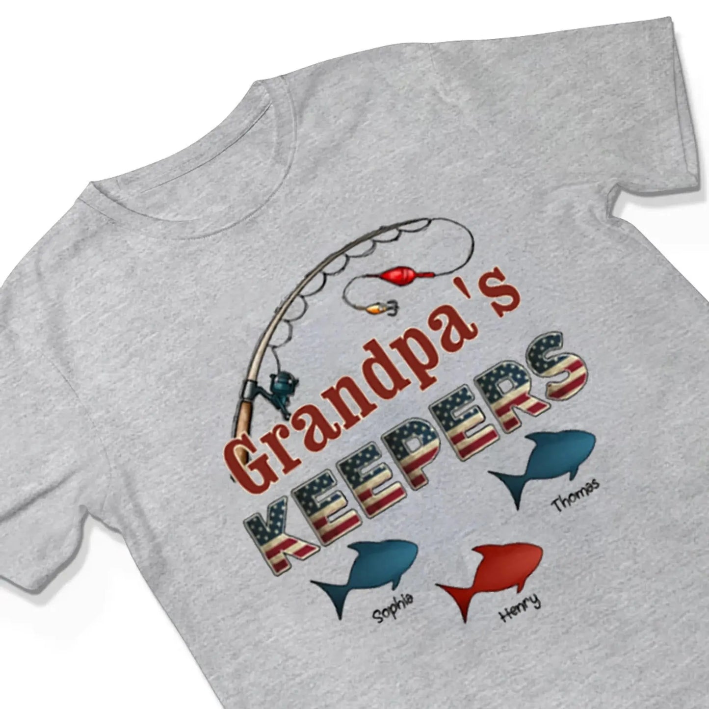 Grandpa’s Keeper Personalized Fishing Shirt – 4th of July Gift for Papa with Grandkids’ Names, Patriotic Custom Tee for Grandpa Ezcustomize
