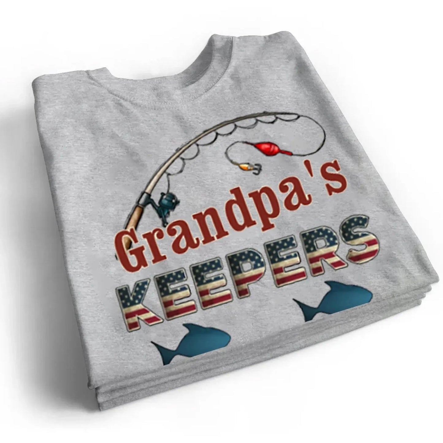Grandpa’s Keeper Personalized Fishing Shirt – 4th of July Gift for Papa with Grandkids’ Names, Patriotic Custom Tee for Grandpa Ezcustomize