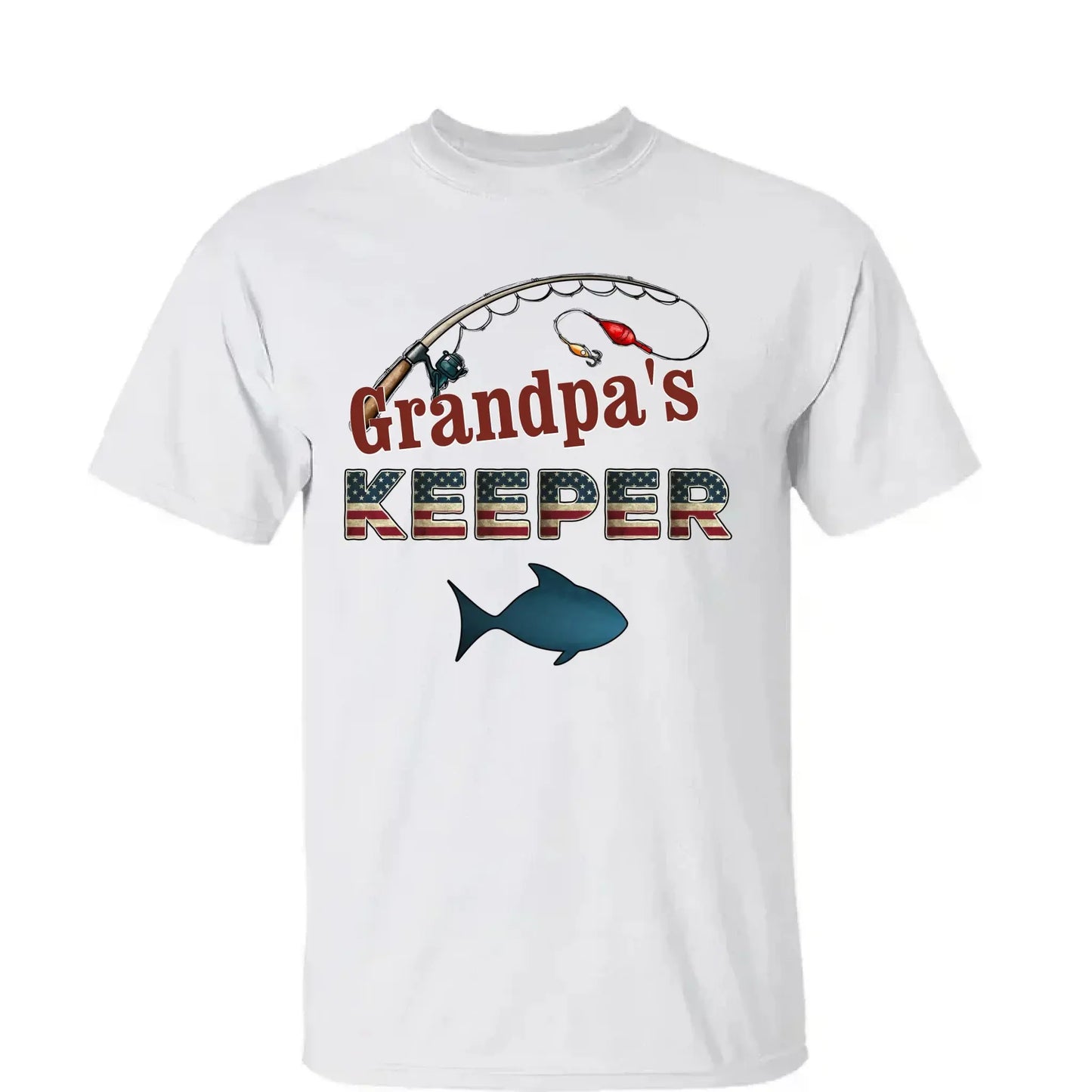 Grandpa’s Keeper Personalized Fishing Shirt – 4th of July Gift for Papa with Grandkids’ Names, Patriotic Custom Tee for Grandpa Ezcustomize