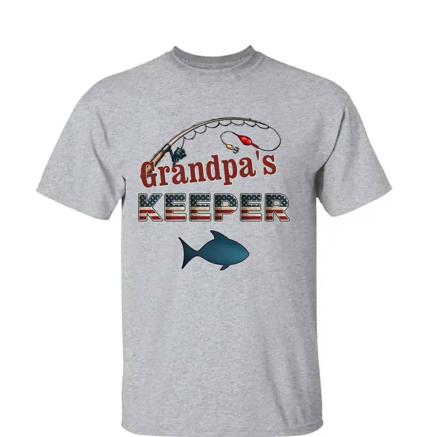 Grandpa’s Keeper Personalized Fishing Shirt – 4th of July Gift for Papa with Grandkids’ Names, Patriotic Custom Tee for Grandpa Ezcustomize