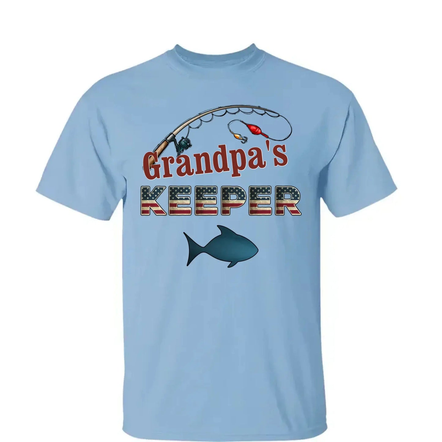 Grandpa’s Keeper Personalized Fishing Shirt – 4th of July Gift for Papa with Grandkids’ Names, Patriotic Custom Tee for Grandpa Ezcustomize