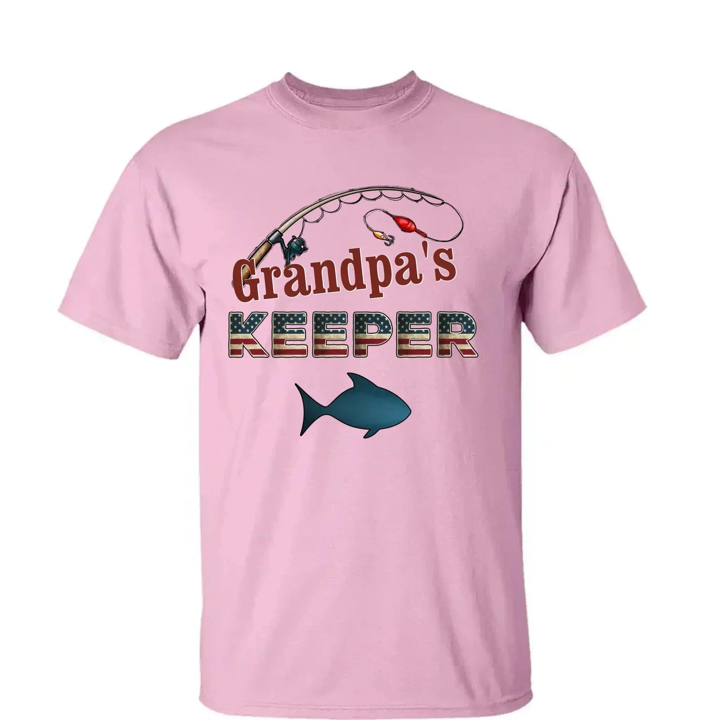 Grandpa’s Keeper Personalized Fishing Shirt – 4th of July Gift for Papa with Grandkids’ Names, Patriotic Custom Tee for Grandpa Ezcustomize