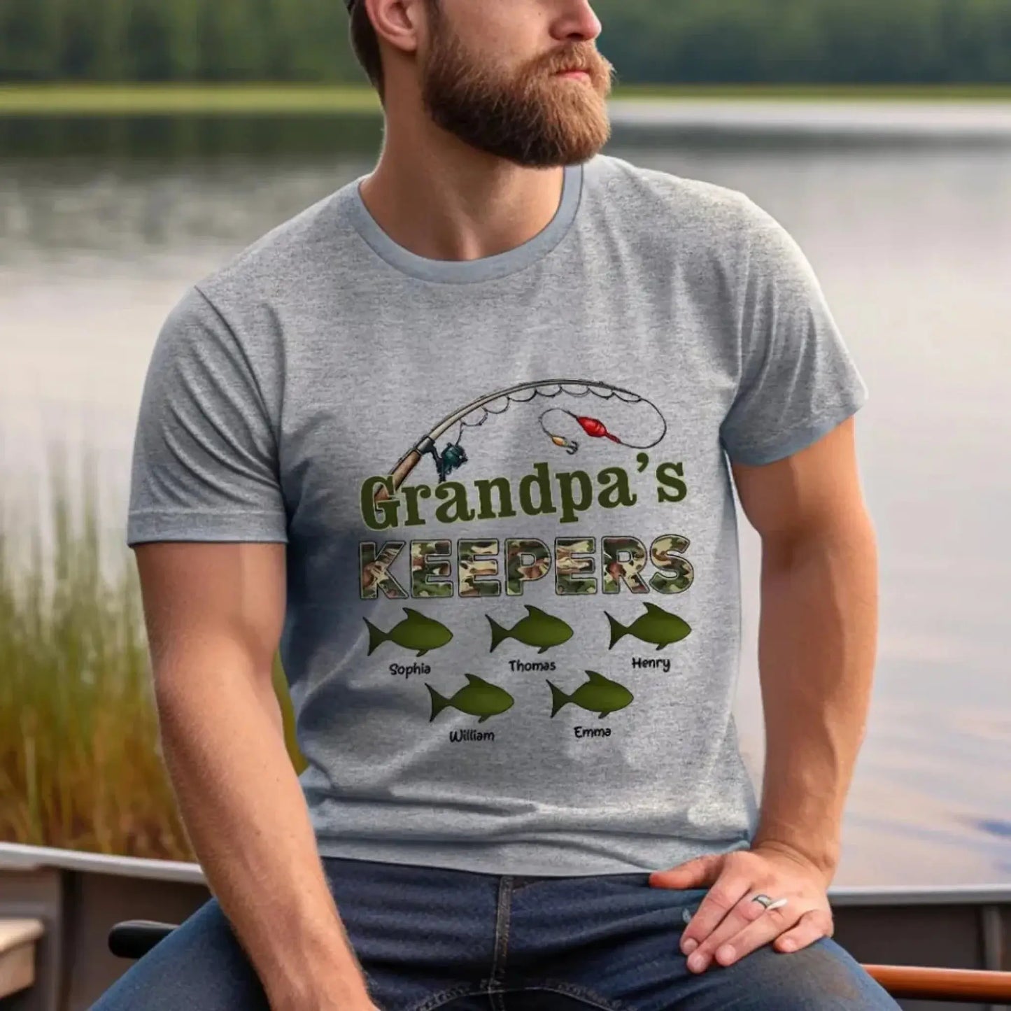 Grandpa’s Keepers Camouflage Fishing Shirt – Personalized T-Shirt with Kids' Names – Birthday or Father’s Day Gift for Grandpa Ezcustomize