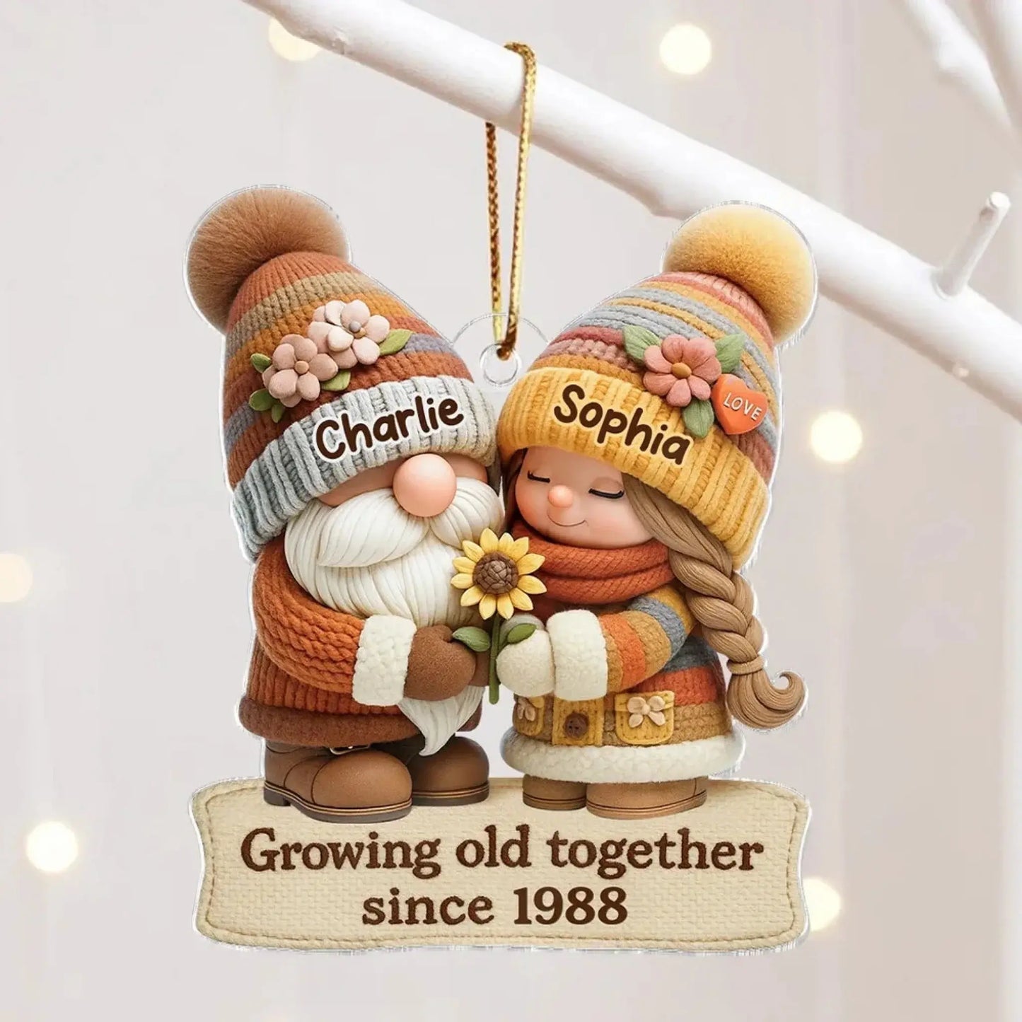 Growing Old Together Gnome Couple Ornament – Personalized Acrylic Christmas Gift with Names and Year, Custom Anniversary Keepsake for Couples Ezcustomize