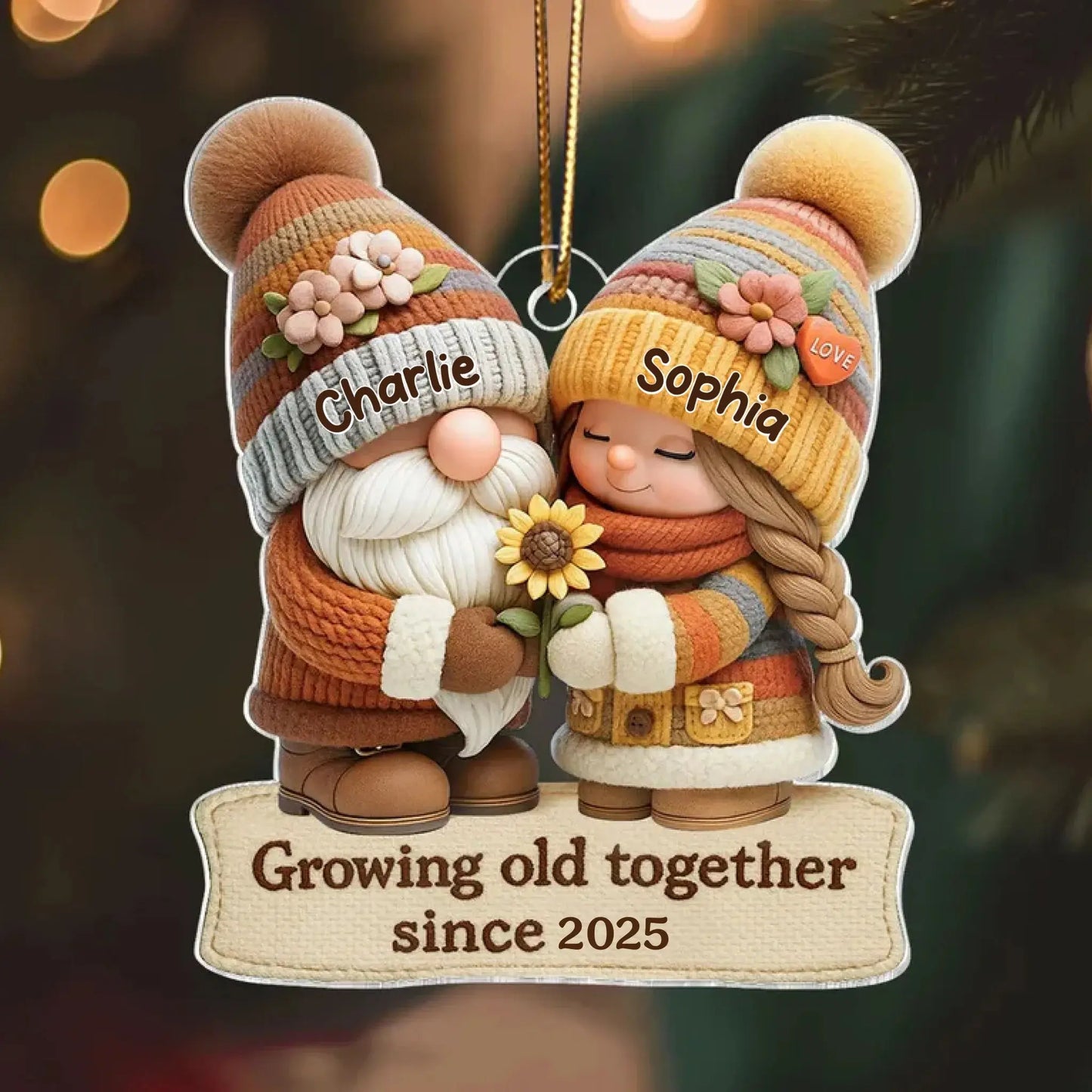 Growing Old Together Gnome Couple Ornament – Personalized Acrylic Christmas Gift with Names and Year, Custom Anniversary Keepsake for Couples Ezcustomize