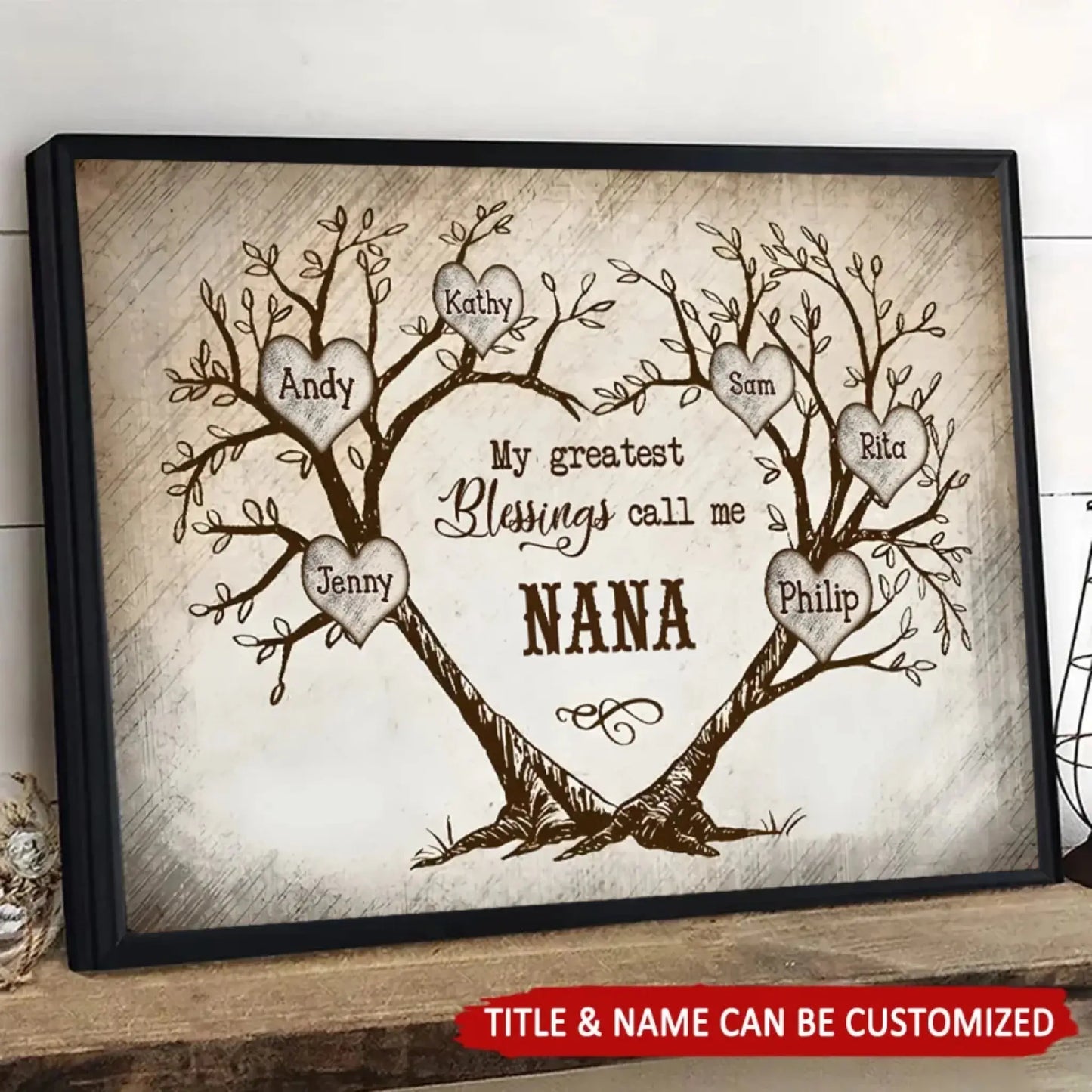 Heart-Shaped Tree Vintage Art – Personalized Poster/Canvas – Custom Gift for Grandma, Nana on Mother’s Day or Birthday Ezcustomize