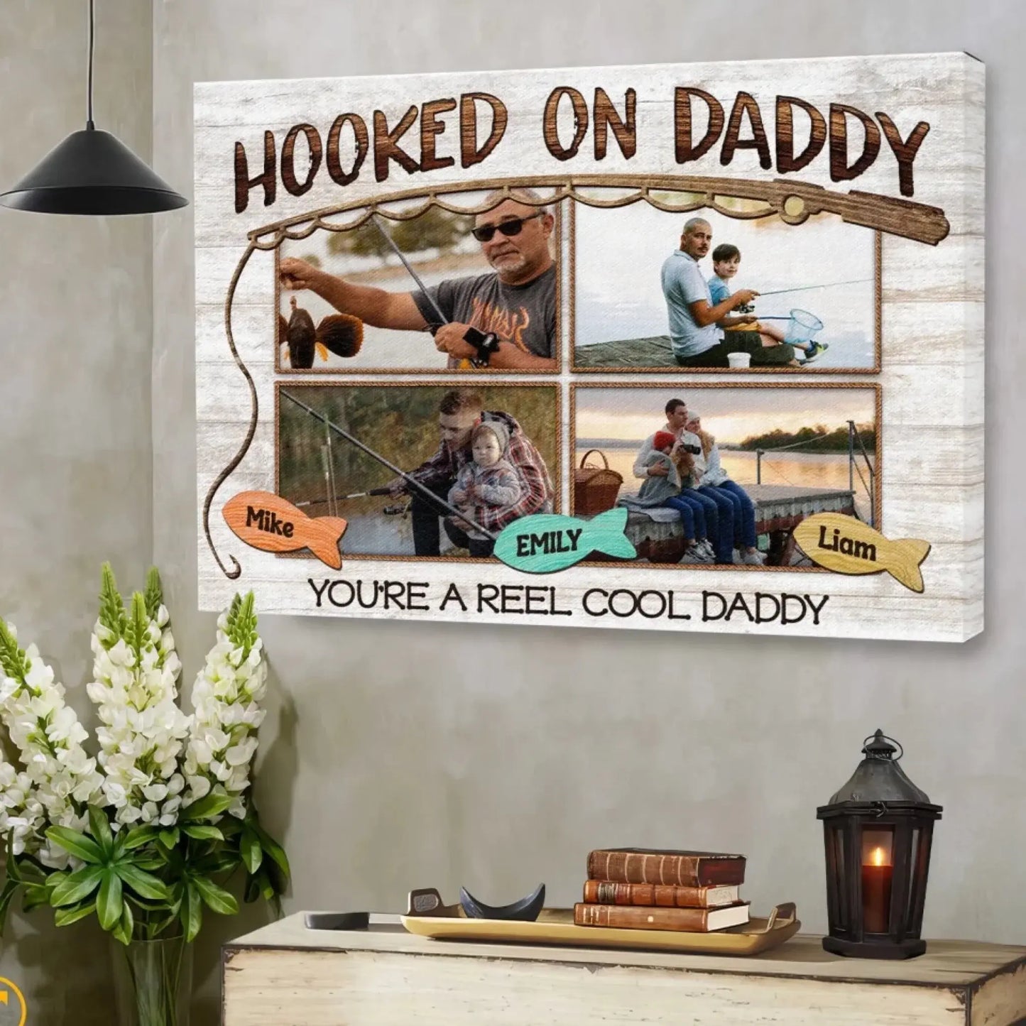 Hooked on Daddy Fishing Art – Personalized Poster/Canvas – Reel Cool Father’s Day Gift for Dads Who Love to Fish Ezcustomize