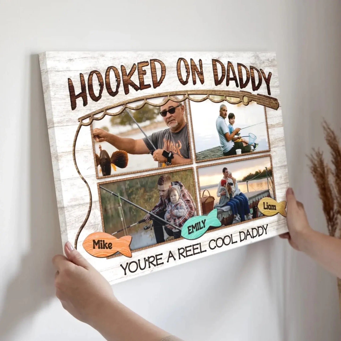 Hooked on Daddy Fishing Art – Personalized Poster/Canvas – Reel Cool Father’s Day Gift for Dads Who Love to Fish Ezcustomize