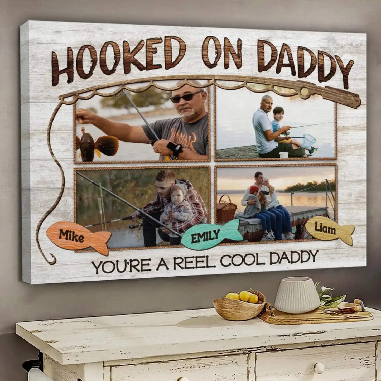 Hooked on Daddy Fishing Art – Personalized Poster/Canvas – Reel Cool Father’s Day Gift for Dads Who Love to Fish Ezcustomize