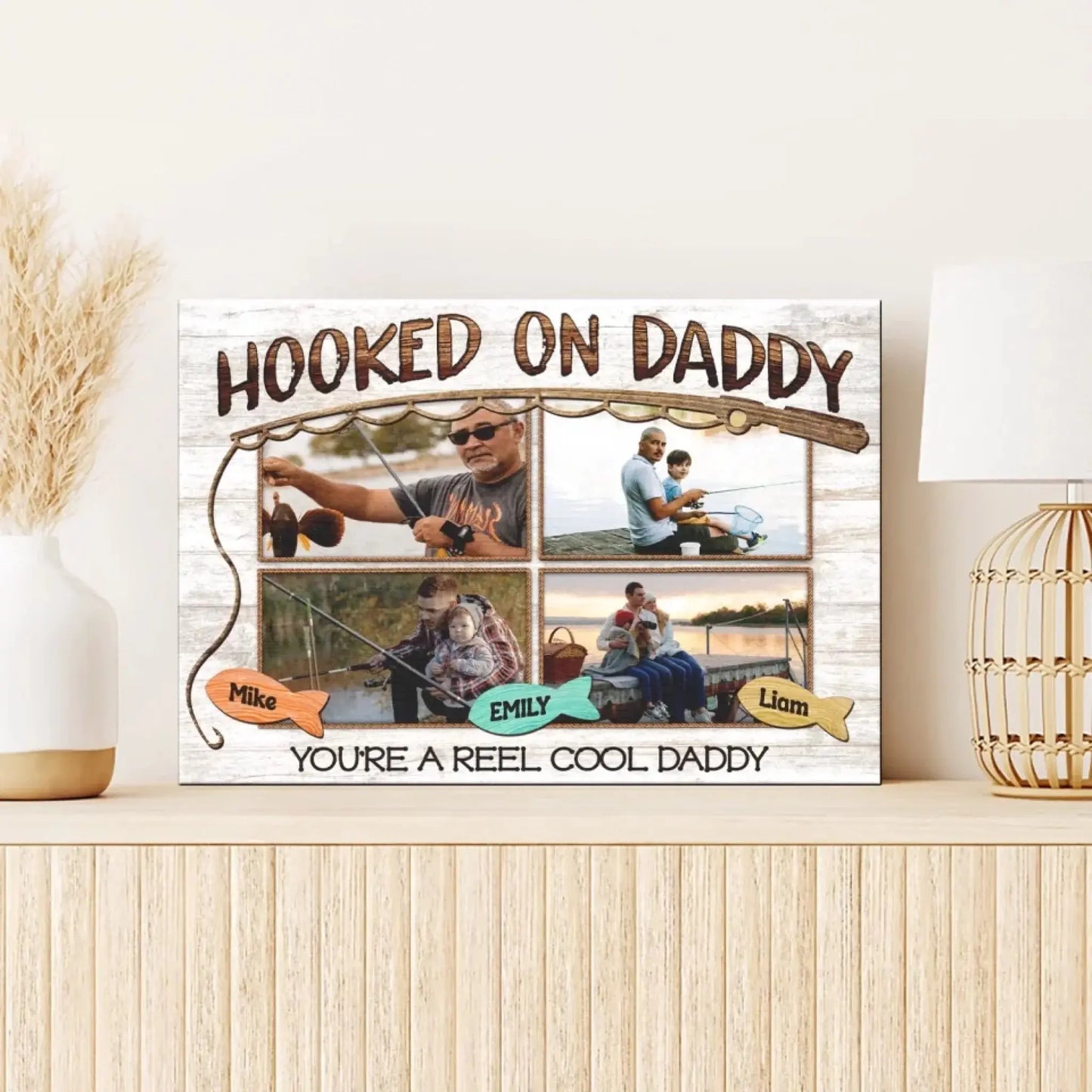 Hooked on Daddy Fishing Art – Personalized Poster/Canvas – Reel Cool Father’s Day Gift for Dads Who Love to Fish Ezcustomize