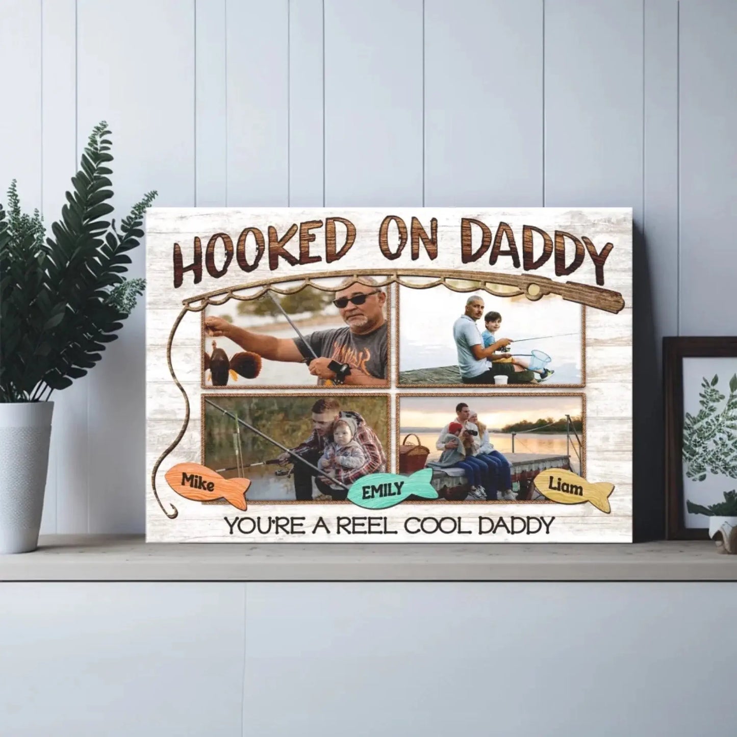 Hooked on Daddy Fishing Art – Personalized Poster/Canvas – Reel Cool Father’s Day Gift for Dads Who Love to Fish Ezcustomize