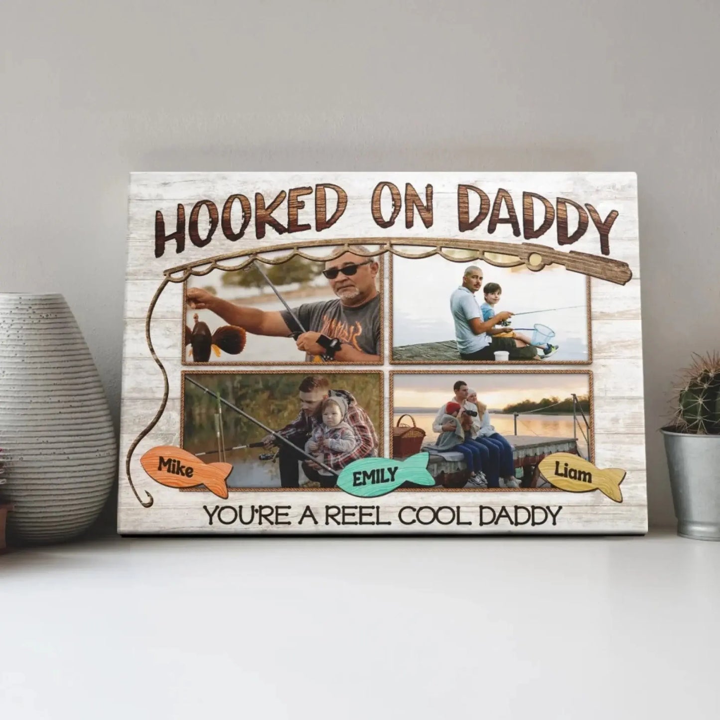 Hooked on Daddy Fishing Art – Personalized Poster/Canvas – Reel Cool Father’s Day Gift for Dads Who Love to Fish Ezcustomize