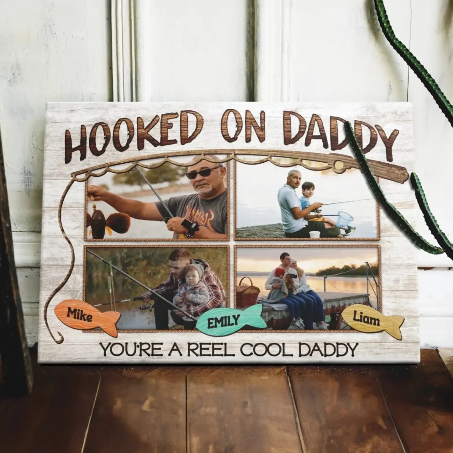 Hooked on Daddy Fishing Art – Personalized Poster/Canvas – Reel Cool Father’s Day Gift for Dads Who Love to Fish Ezcustomize