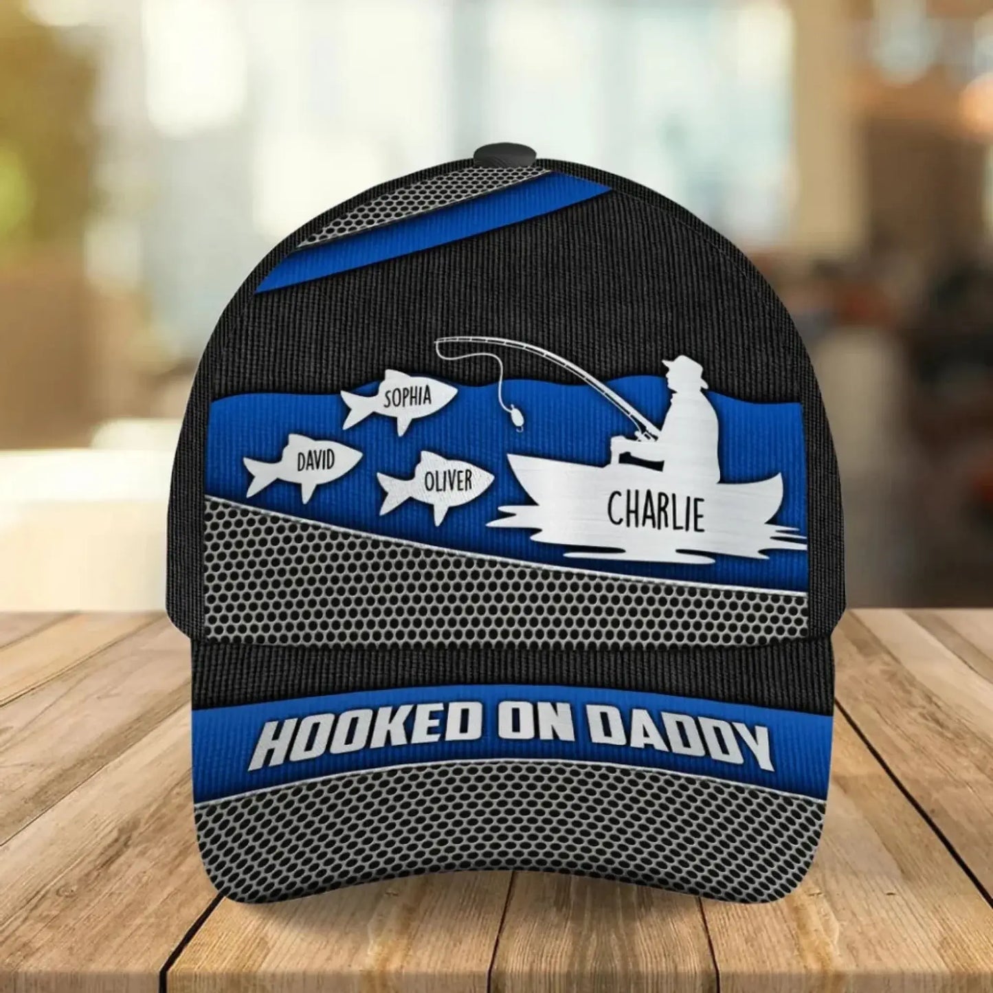 Hooked on Fishing - Personalized Classic Cap - Custom Metal Print Hat for Papa & Dad Ezcustomize
