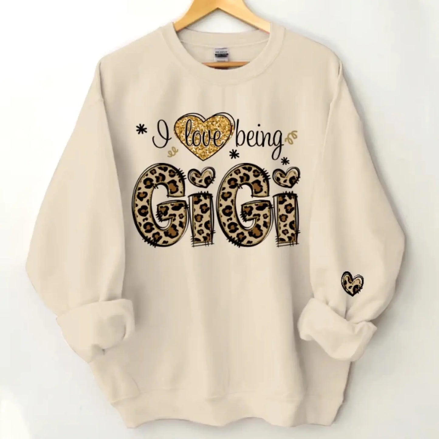 I Love Being GiGi Leopard Sweatshirt – Custom Sleeve Printed Gift for Grandma, Nana, or Gigi Ezcustomize