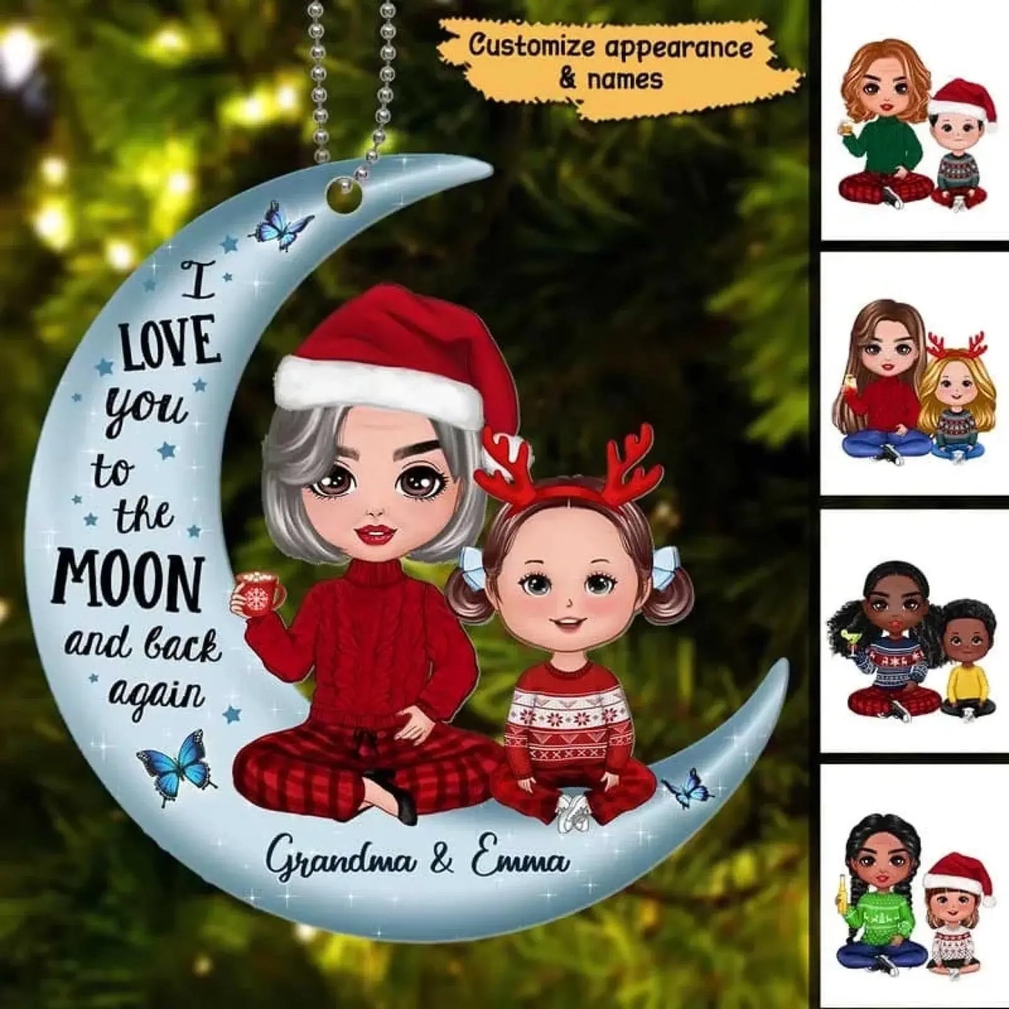 "I Love You to the Moon" Grandma & Grandkid Ornament – Personalized Christmas Gift with Custom Names & Dolls Ezcustomize