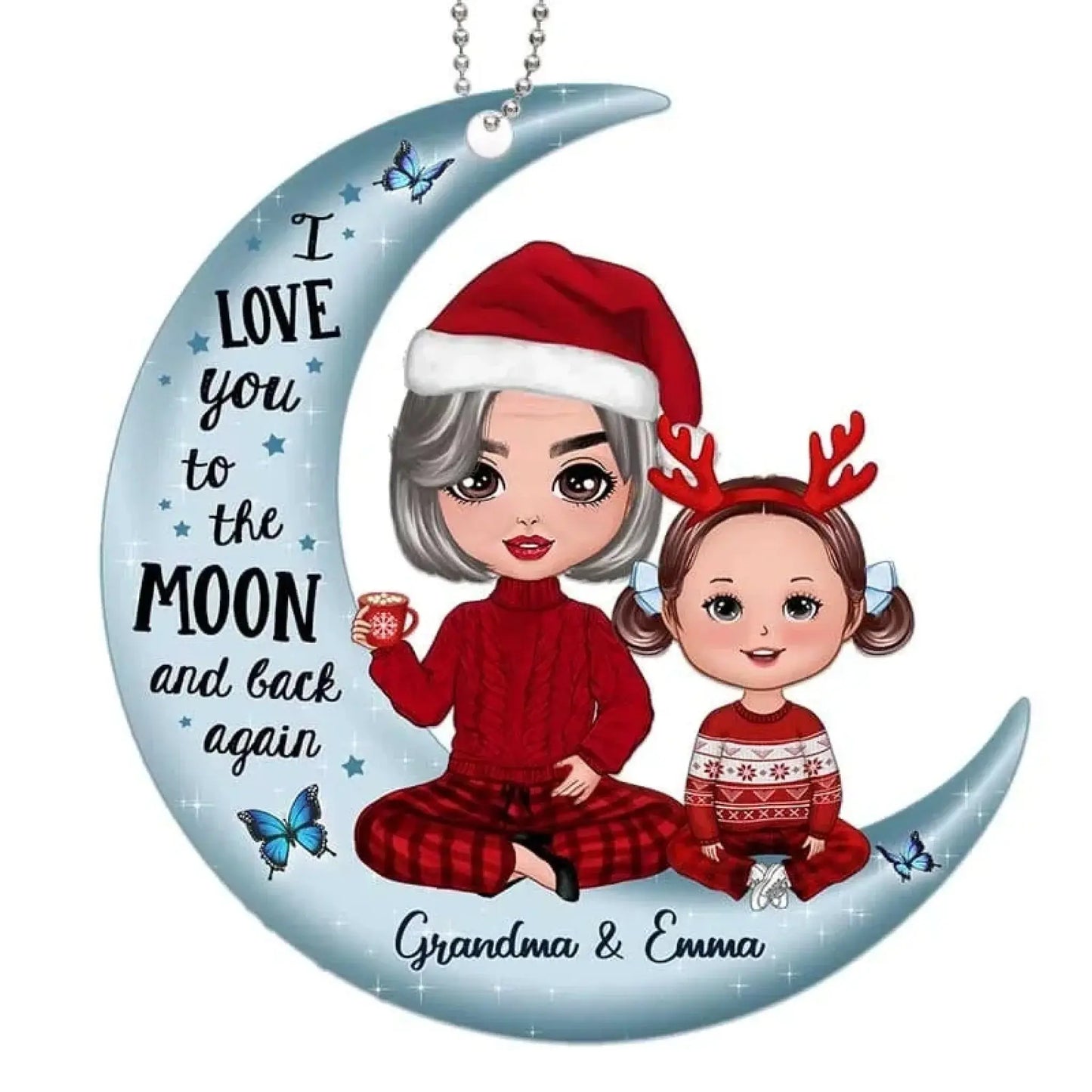 "I Love You to the Moon" Grandma & Grandkid Ornament – Personalized Christmas Gift with Custom Names & Dolls Ezcustomize