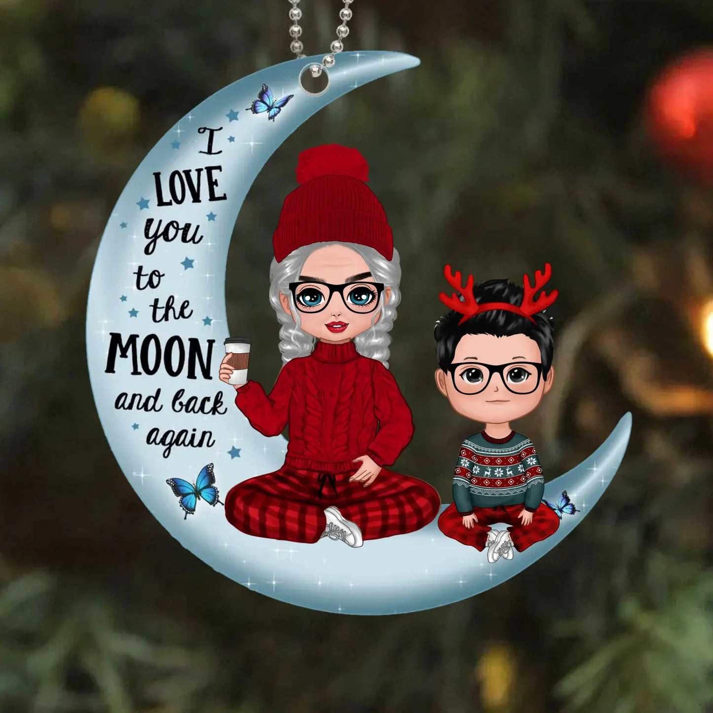 "I Love You to the Moon" Grandma & Grandkid Ornament – Personalized Christmas Gift with Custom Names & Dolls Ezcustomize