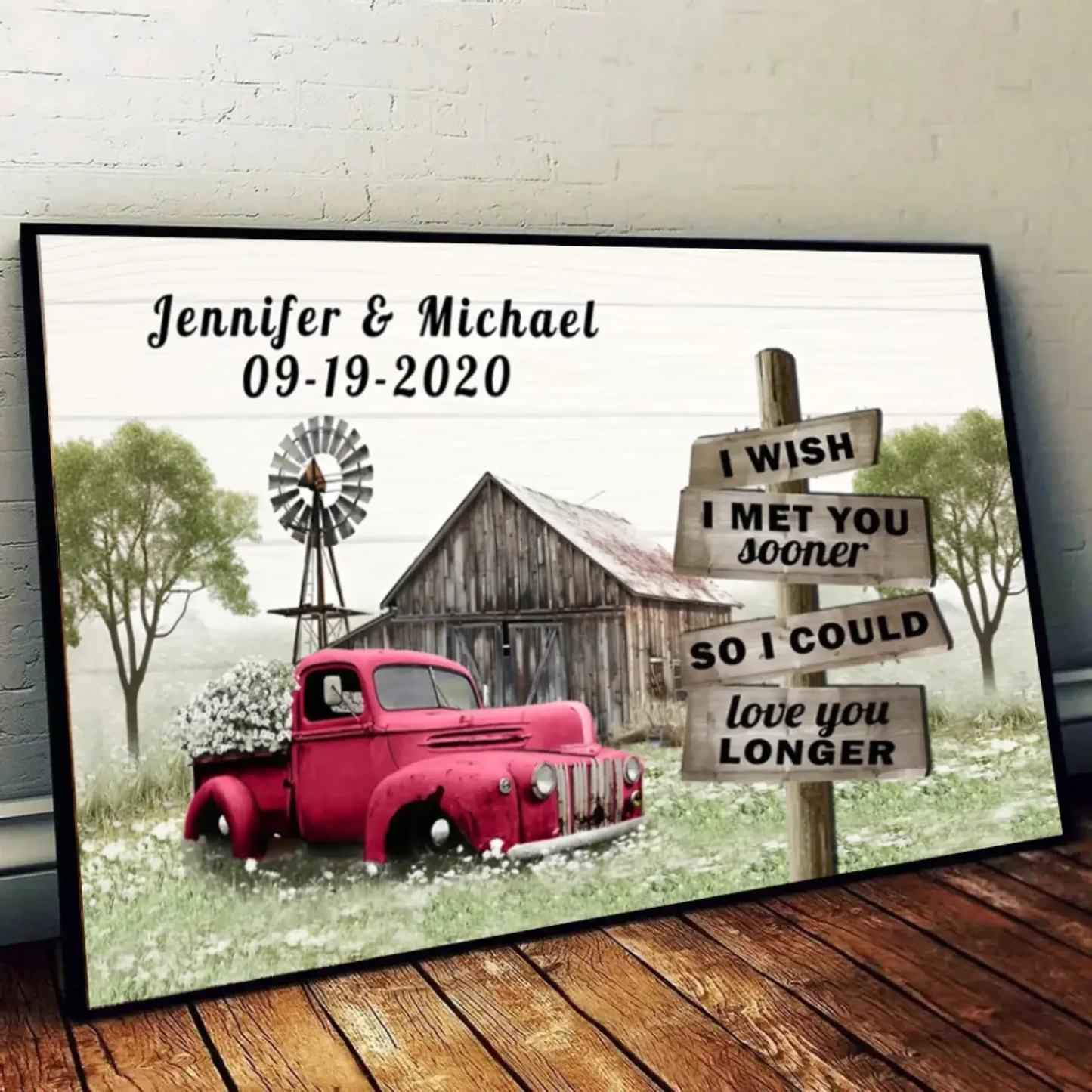 I Wish I Met You Sooner" Personalized Wall Art – Custom Red Truck Canvas Print with Name & Date, Romantic Farmhouse Decor Gift for Anniversary, Valentine’s Day, or Just Because Ezcustomize