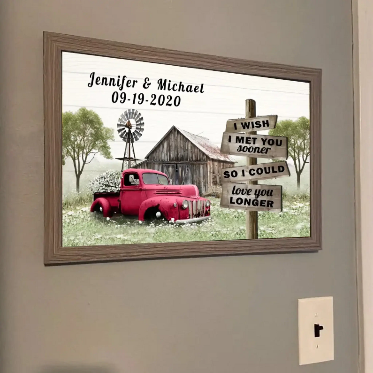I Wish I Met You Sooner" Personalized Wall Art – Custom Red Truck Canvas Print with Name & Date, Romantic Farmhouse Decor Gift for Anniversary, Valentine’s Day, or Just Because Ezcustomize