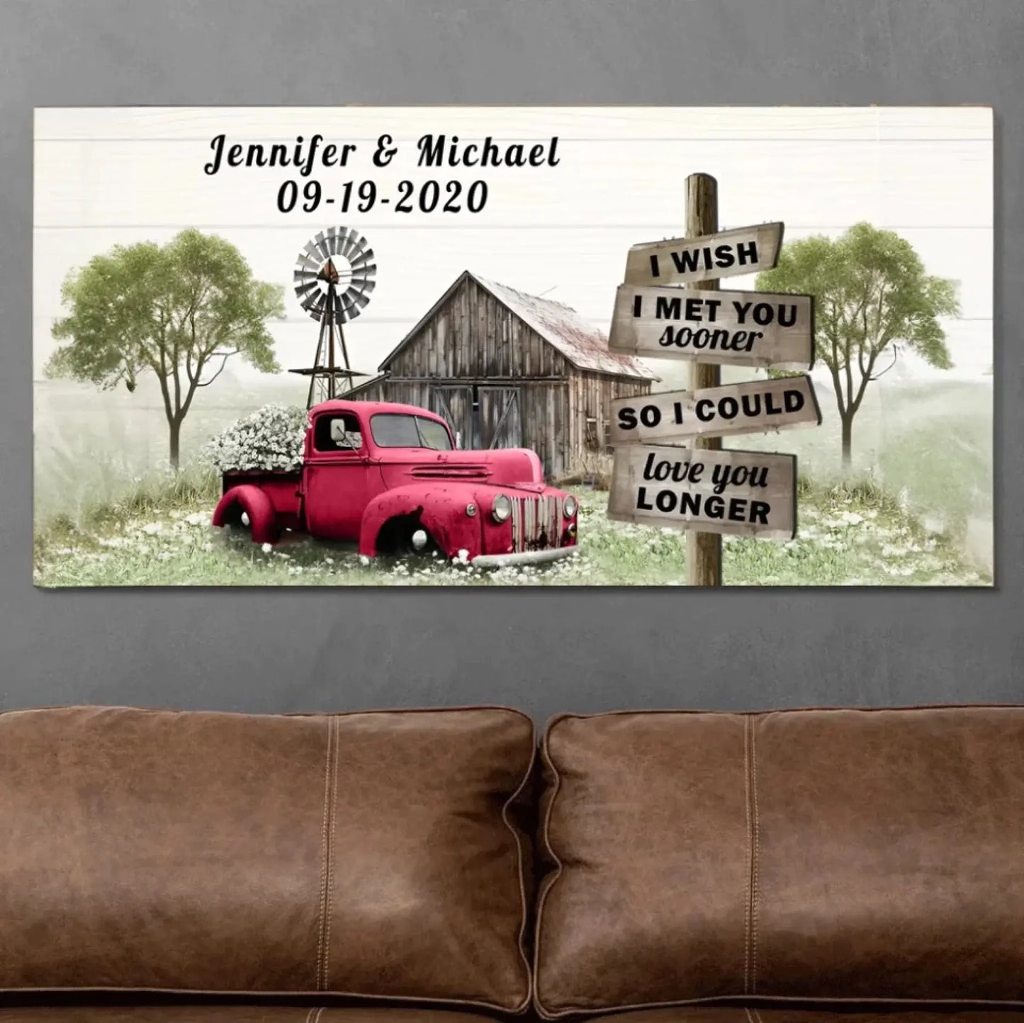 I Wish I Met You Sooner" Personalized Wall Art – Custom Red Truck Canvas Print with Name & Date, Romantic Farmhouse Decor Gift for Anniversary, Valentine’s Day, or Just Because Ezcustomize