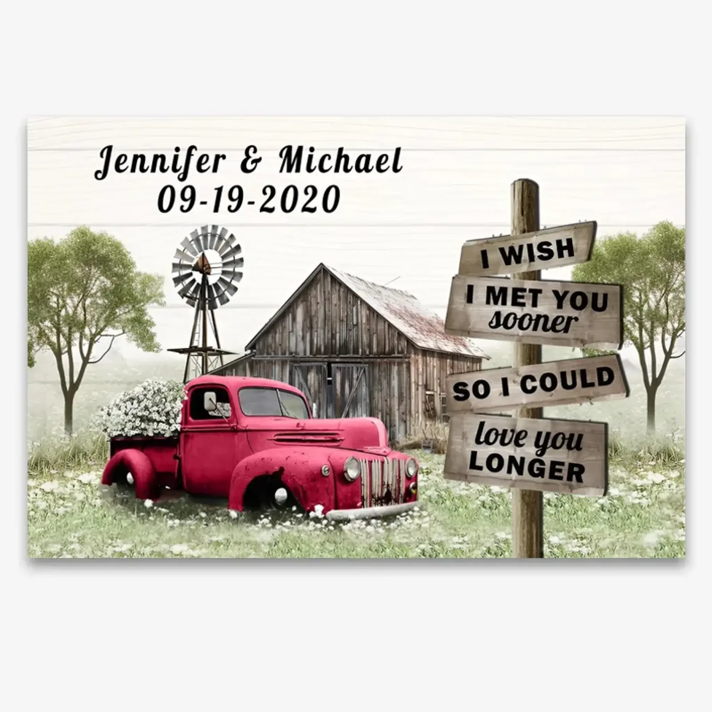 I Wish I Met You Sooner" Personalized Wall Art – Custom Red Truck Canvas Print with Name & Date, Romantic Farmhouse Decor Gift for Anniversary, Valentine’s Day, or Just Because Ezcustomize