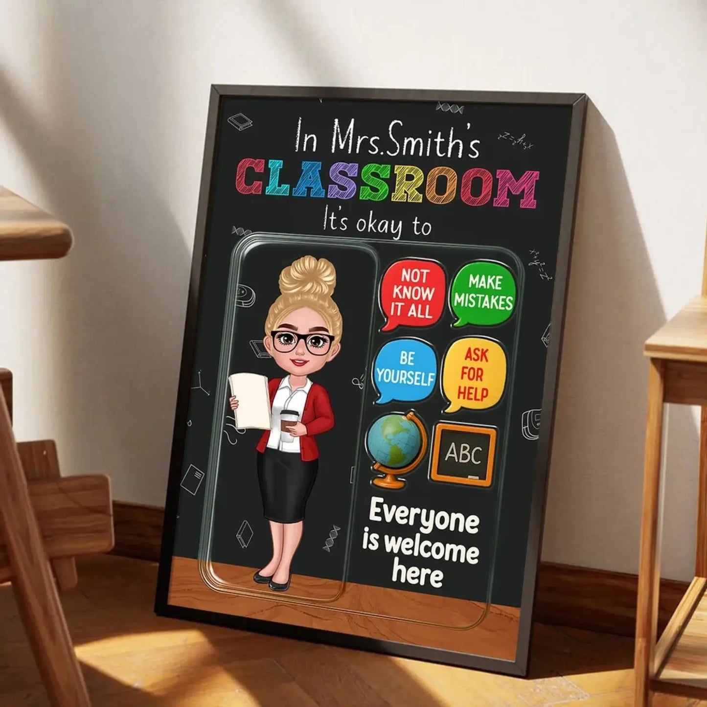 In This Classroom It’s Okay – 3D Effect Action Figure Personalized Teacher Poster, Custom Back To School Wall Art Gift for Teachers Ezcustomize