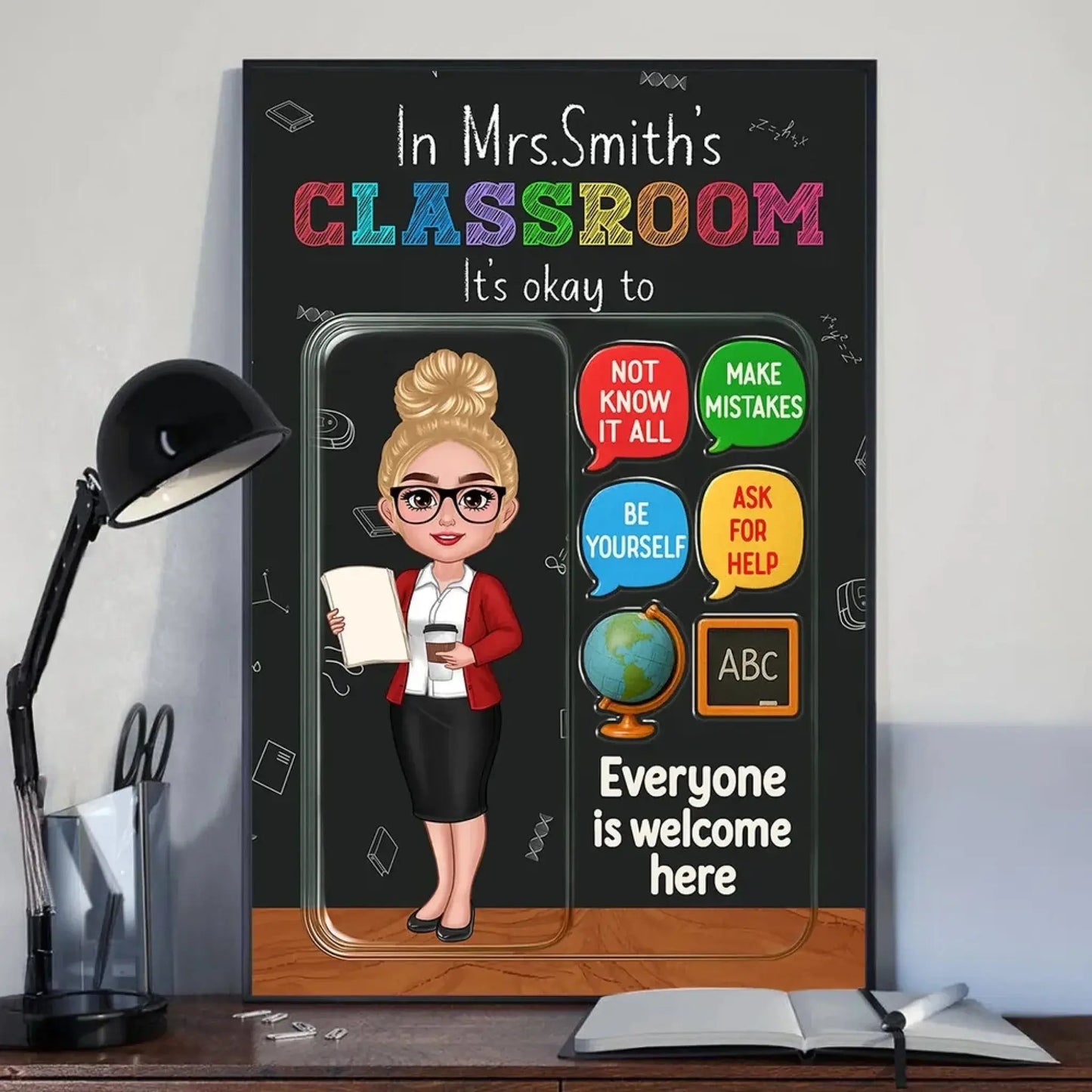 In This Classroom It’s Okay – 3D Effect Action Figure Personalized Teacher Poster, Custom Back To School Wall Art Gift for Teachers Ezcustomize