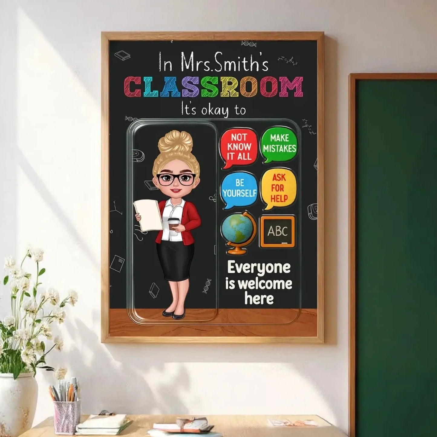 In This Classroom It’s Okay – 3D Effect Action Figure Personalized Teacher Poster, Custom Back To School Wall Art Gift for Teachers Ezcustomize
