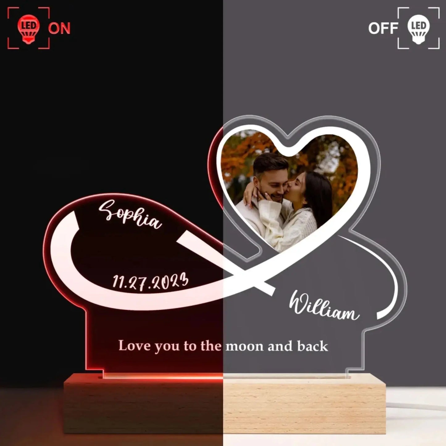 Infinity Heart Custom Photo LED Light – Personalized Acrylic Lamp with Names, Date & Picture, Gift for Couples, Anniversary or Valentine’s Day Ezcustomize