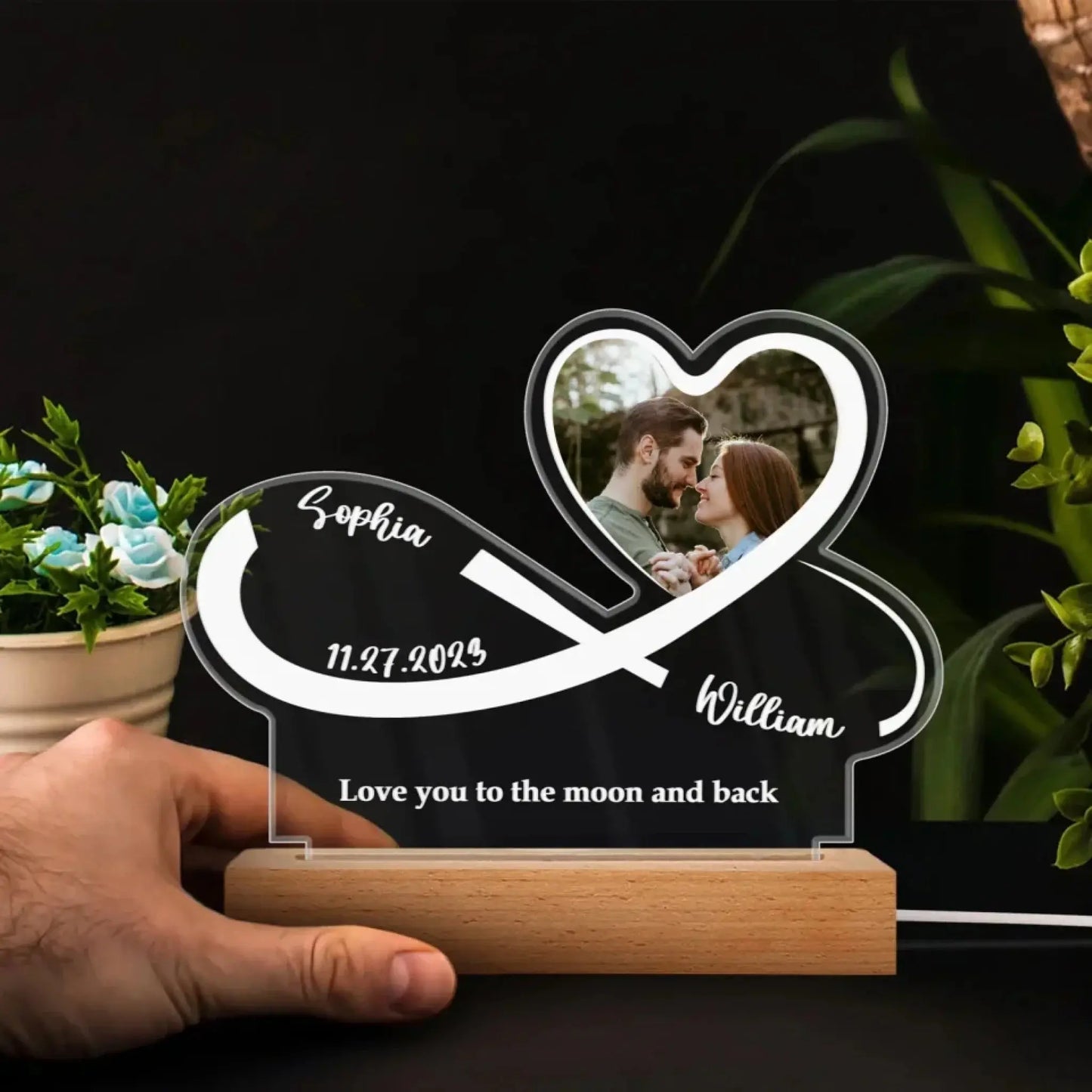 Infinity Heart Custom Photo LED Light – Personalized Acrylic Lamp with Names, Date & Picture, Gift for Couples, Anniversary or Valentine’s Day Ezcustomize