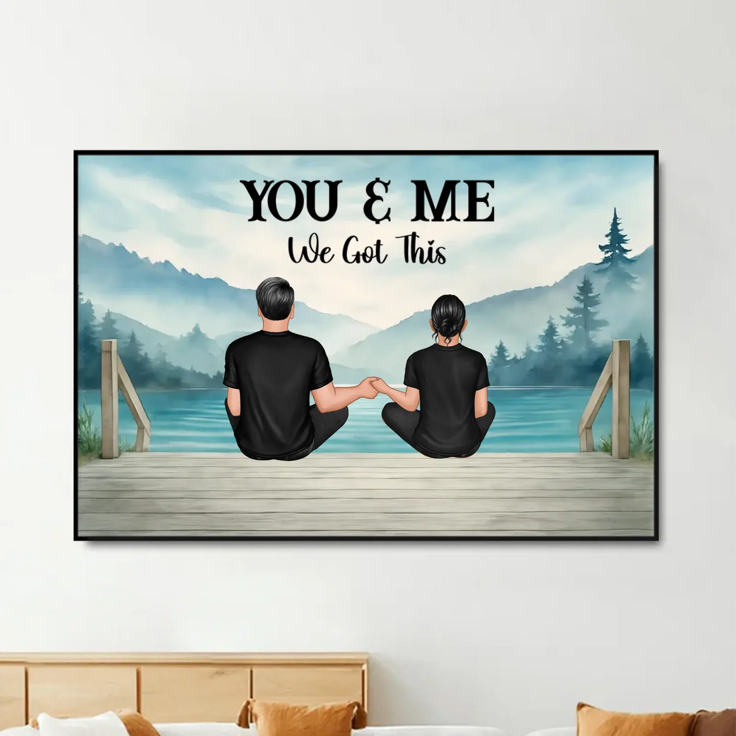 Lakeside Mountain Landscape Couple Back View – Personalized Poster – Romantic Anniversary Gift for Him or Her Ezcustomize