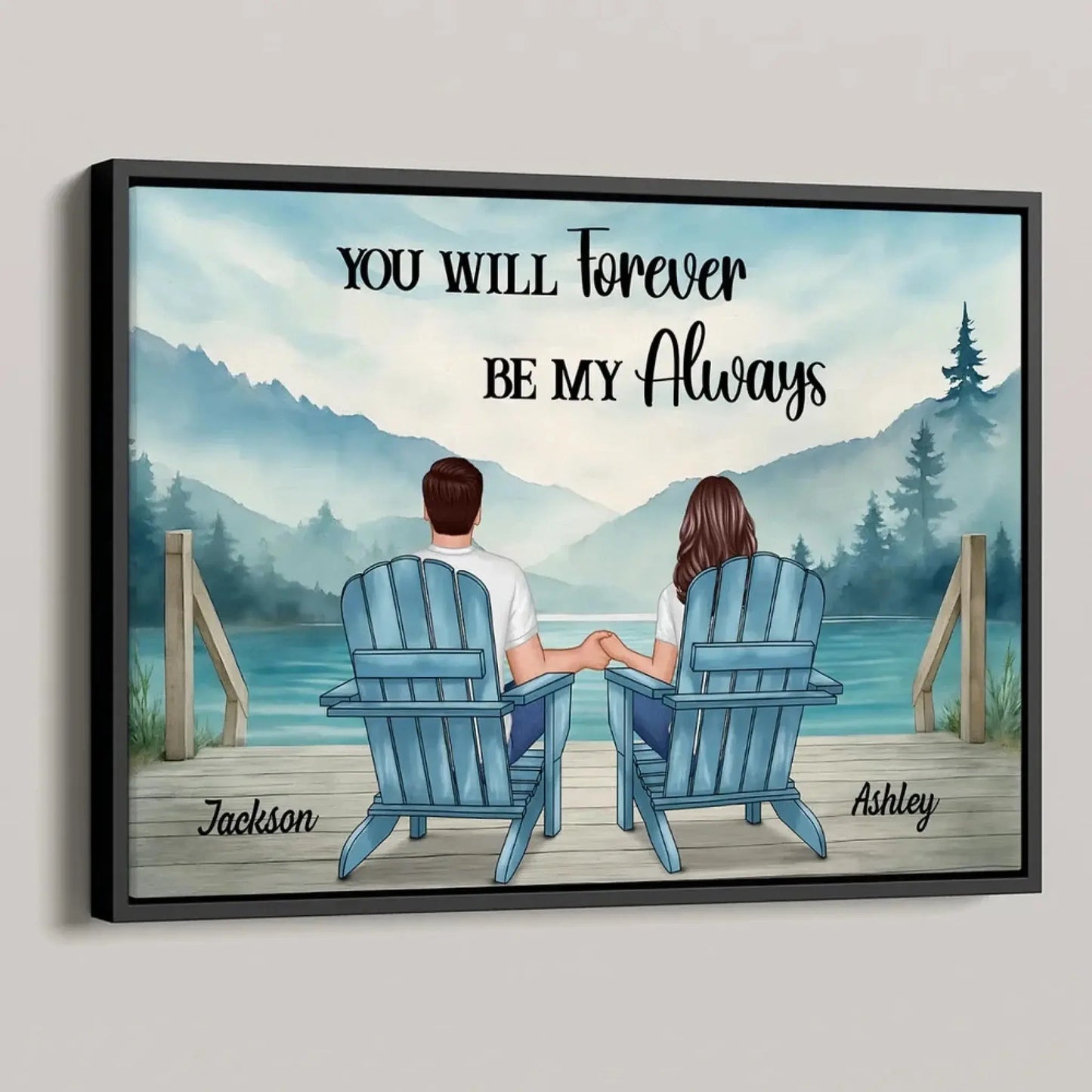 Lakeside Mountain Landscape Couple Back View – Personalized Poster – Romantic Anniversary Gift for Him or Her Ezcustomize