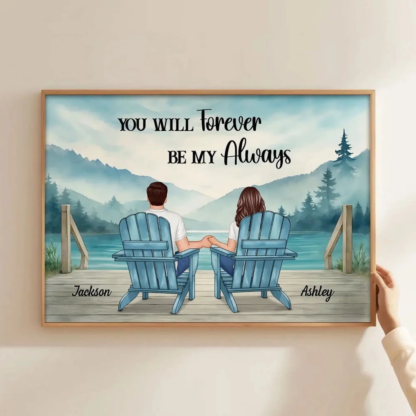 Lakeside Mountain Landscape Couple Back View – Personalized Poster – Romantic Anniversary Gift for Him or Her Ezcustomize
