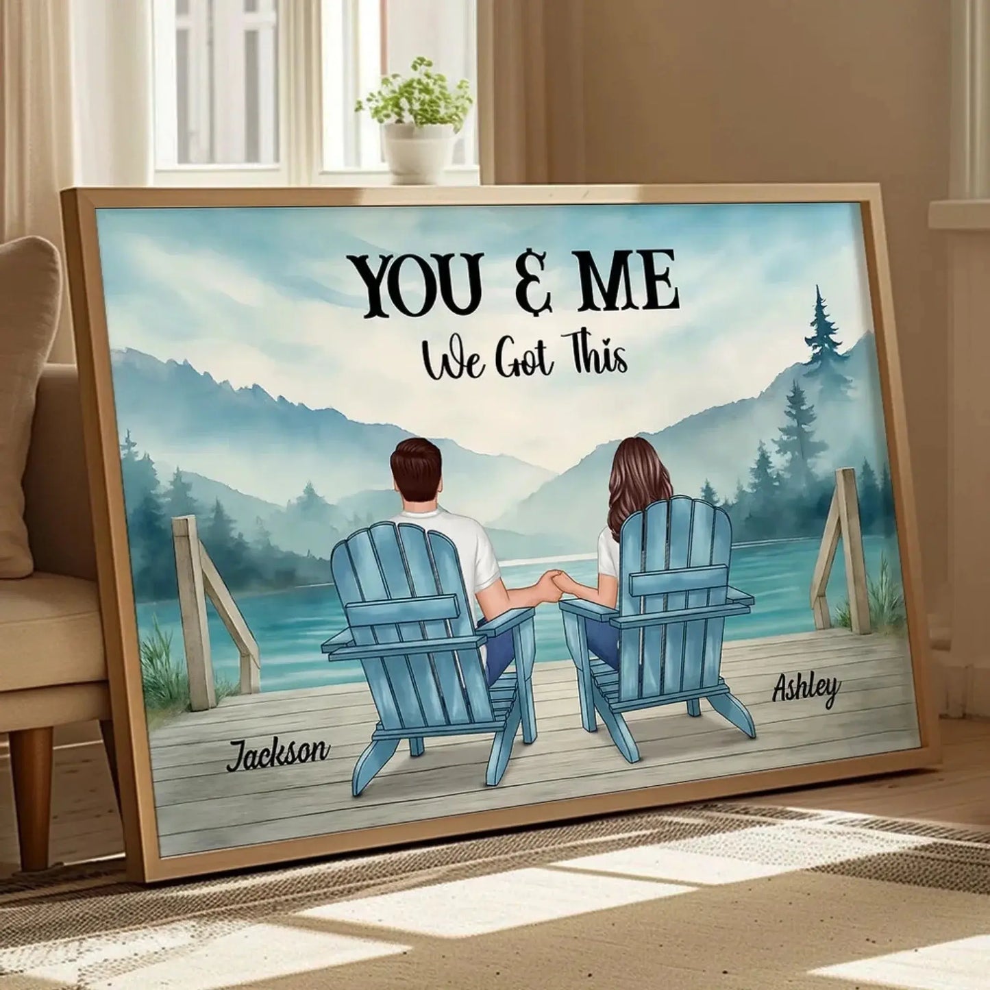 Lakeside Mountain Landscape Couple Back View – Personalized Poster – Romantic Anniversary Gift for Him or Her Ezcustomize