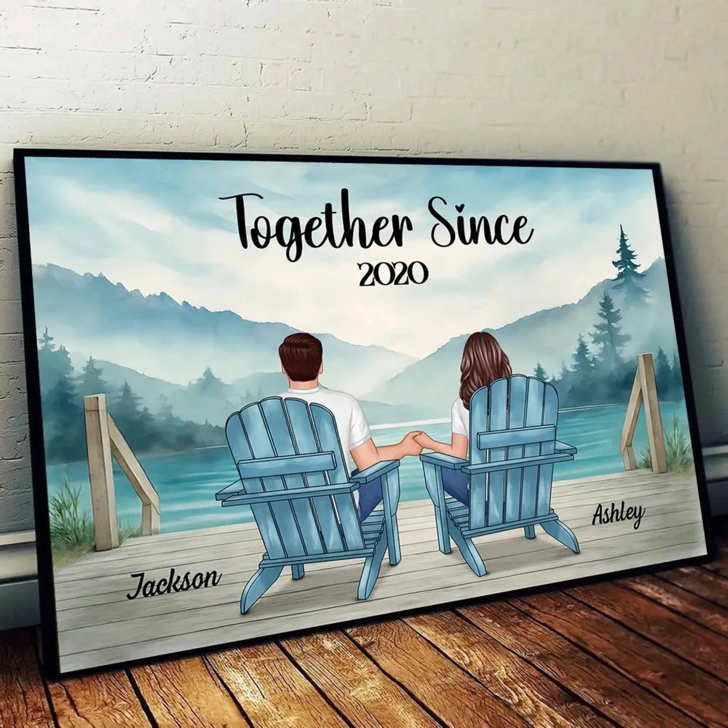 Lakeside Mountain Landscape Couple Back View – Personalized Poster – Romantic Anniversary Gift for Him or Her Ezcustomize