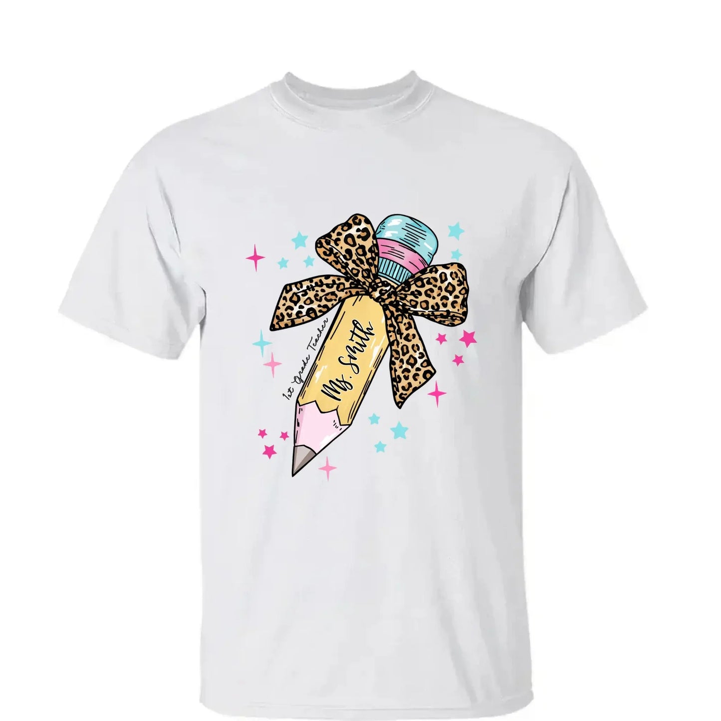 Leopard Print Bow Pencil – Personalized Custom T-Shirt – Funny Back to School Gift for Teacher, Pre-K, Kindergarten, Preschool, Paraprofessional Ezcustomize
