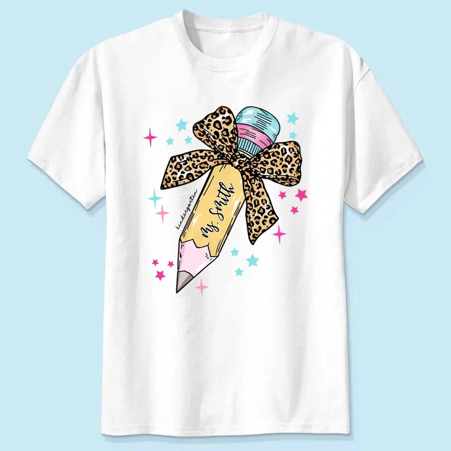 Leopard Print Bow Pencil – Personalized Custom T-Shirt – Funny Back to School Gift for Teacher, Pre-K, Kindergarten, Preschool, Paraprofessional Ezcustomize