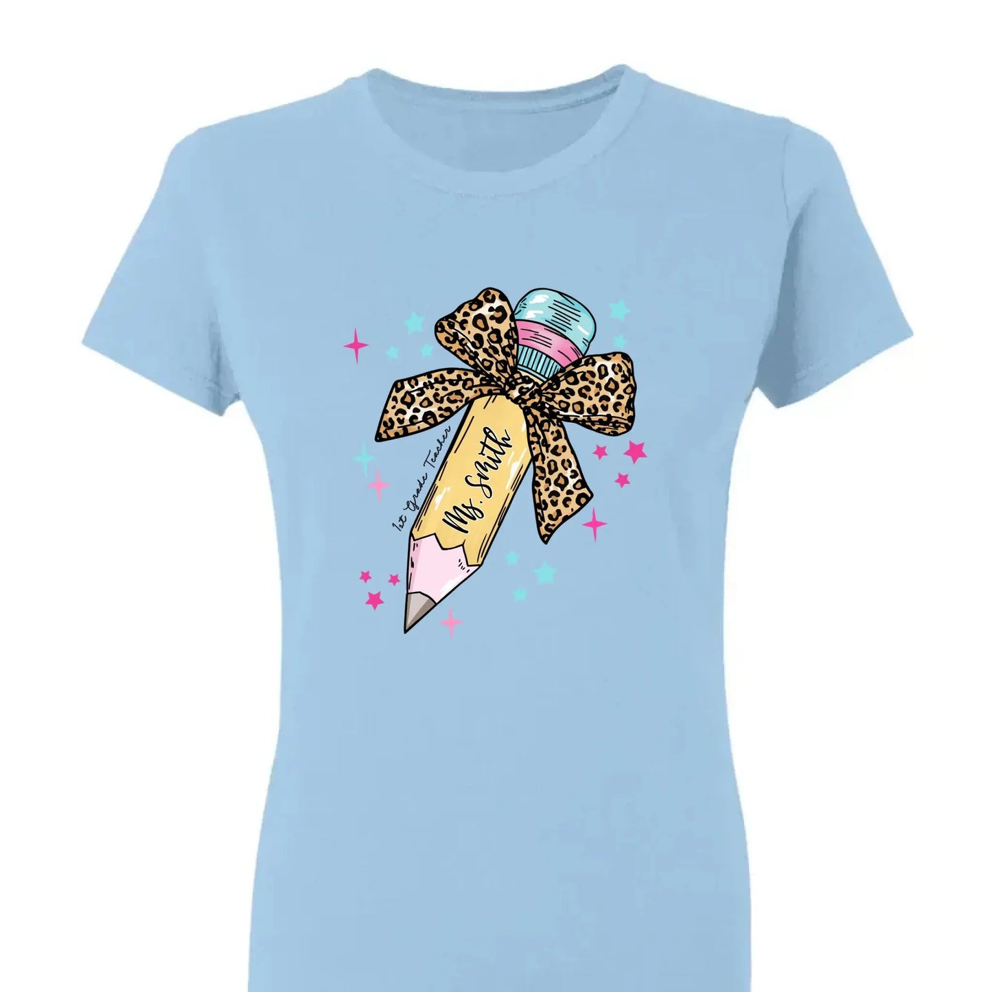 Leopard Print Bow Pencil – Personalized Custom T-Shirt – Funny Back to School Gift for Teacher, Pre-K, Kindergarten, Preschool, Paraprofessional Ezcustomize
