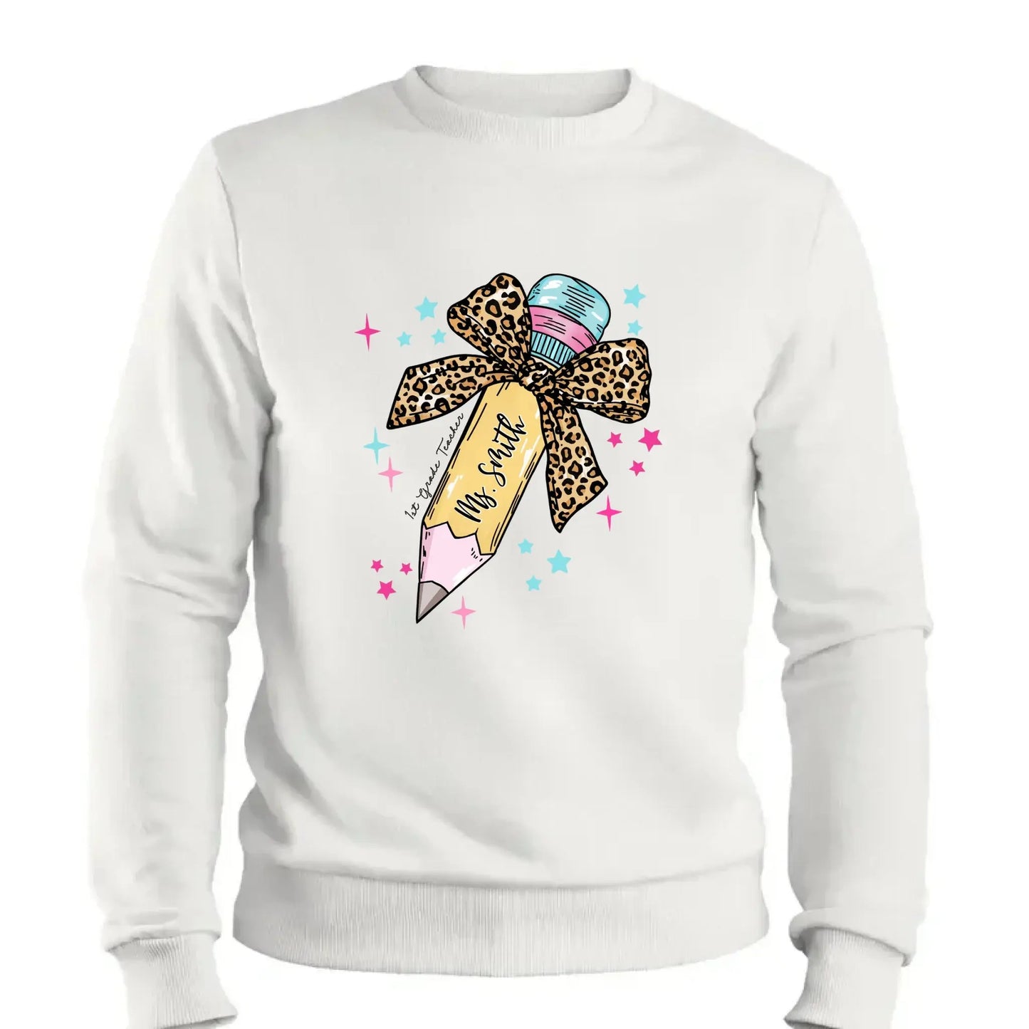 Leopard Print Bow Pencil – Personalized Custom T-Shirt – Funny Back to School Gift for Teacher, Pre-K, Kindergarten, Preschool, Paraprofessional Ezcustomize