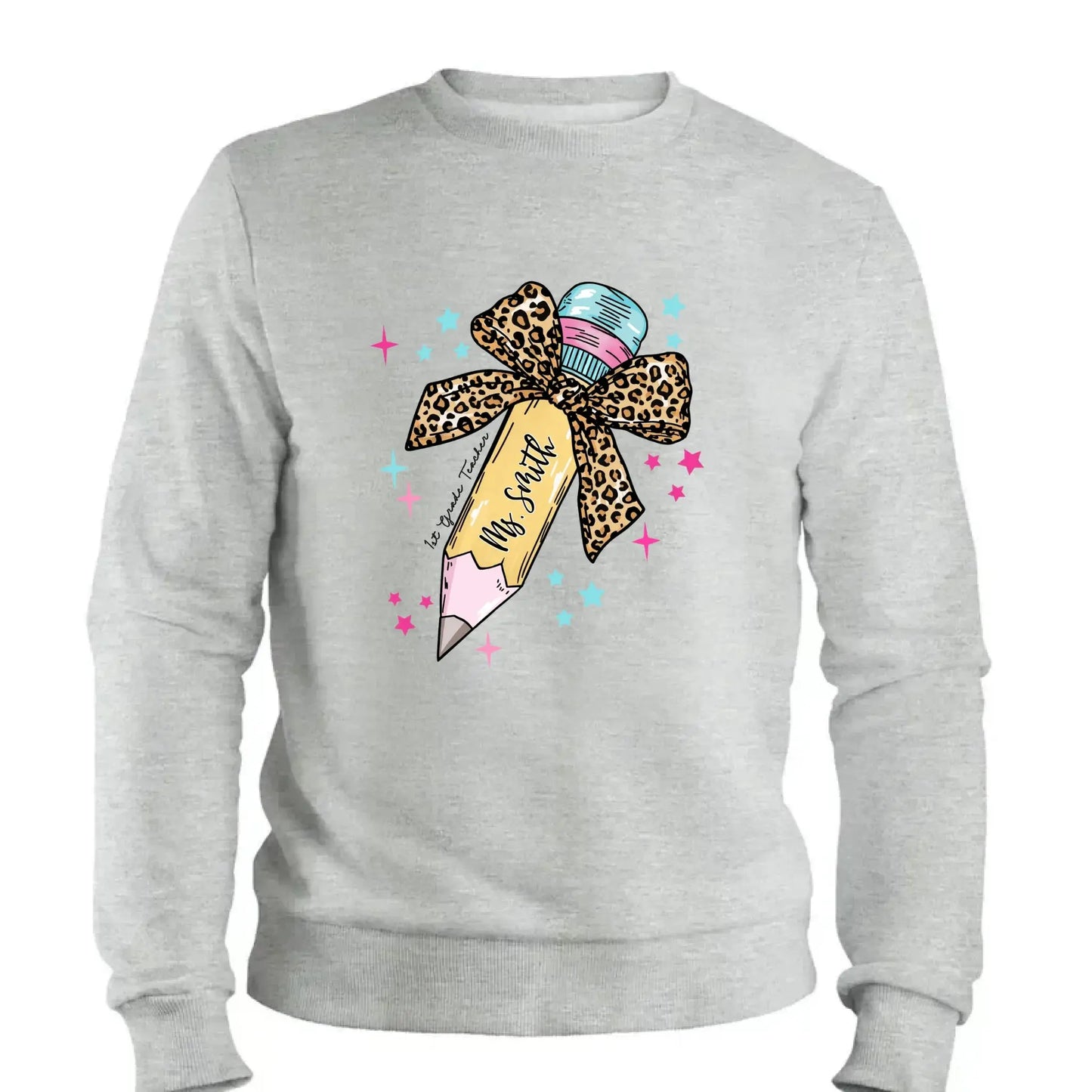 Leopard Print Bow Pencil – Personalized Custom T-Shirt – Funny Back to School Gift for Teacher, Pre-K, Kindergarten, Preschool, Paraprofessional Ezcustomize